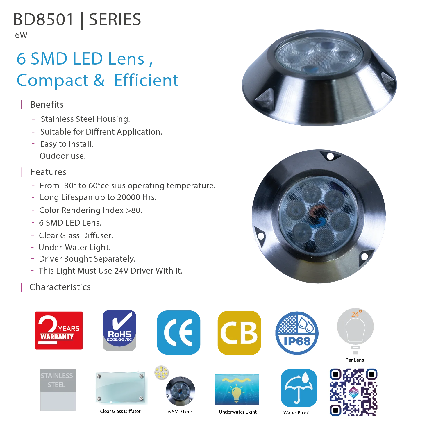 كشاف Ultra Light تحت الماء LED (BD8501) - إضاءة خارجية مقاومة للماء بقوة 6 واط