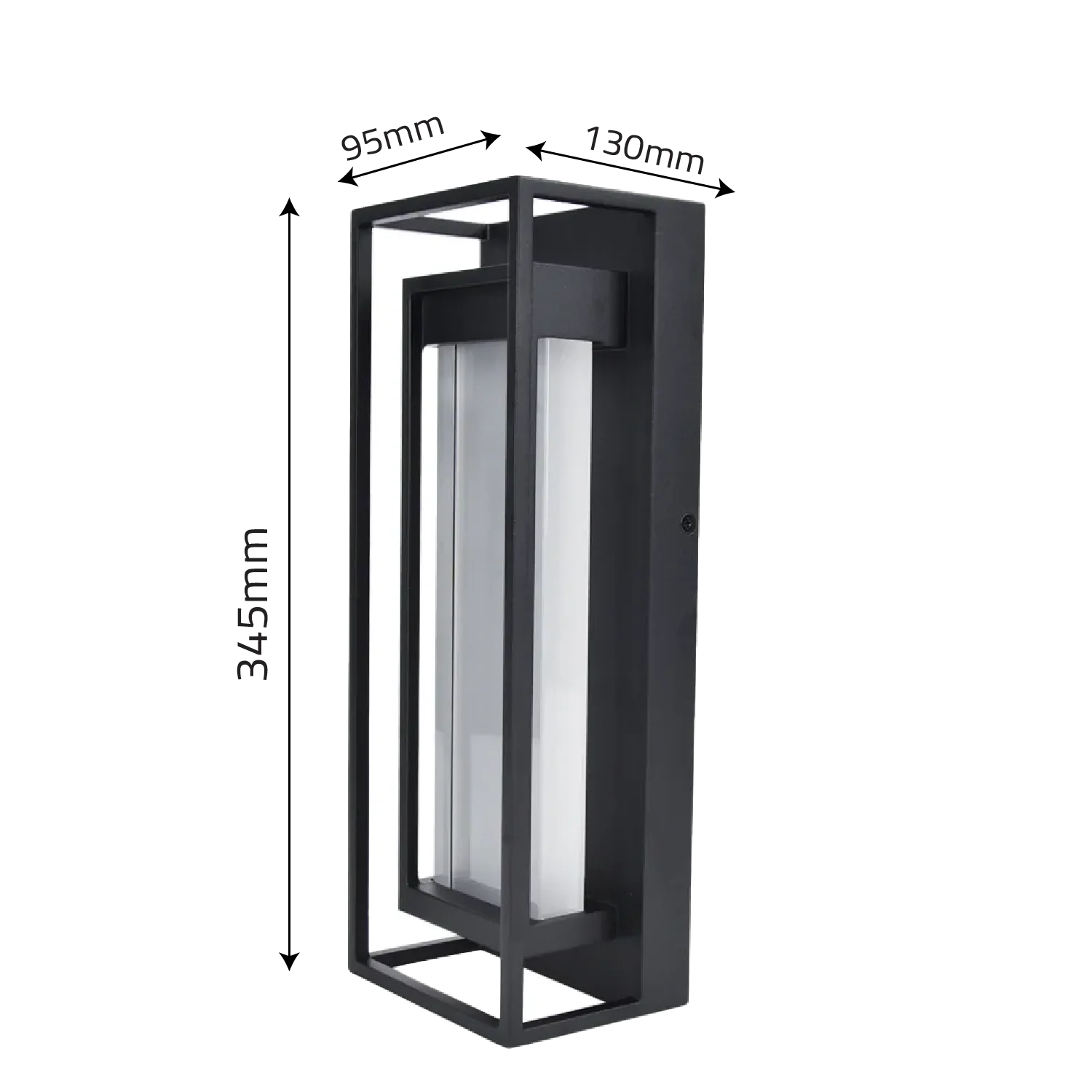 Black outdoor wall light with dimensions on a white background