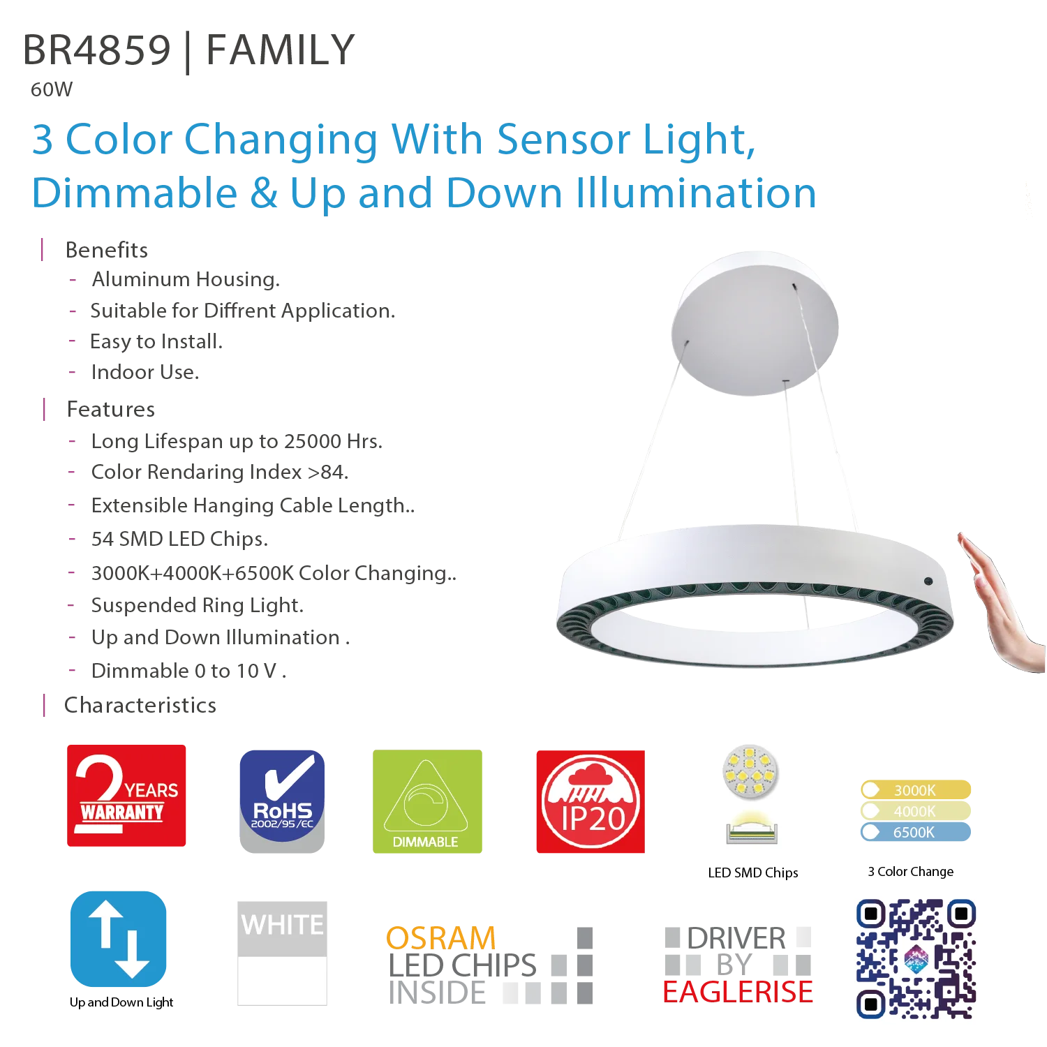مصباح معلق 60 واط، إضاءة حلقية معلقة بثلاثة ألوان، ومستشعر وتحكم في التعتيم (BR4859)