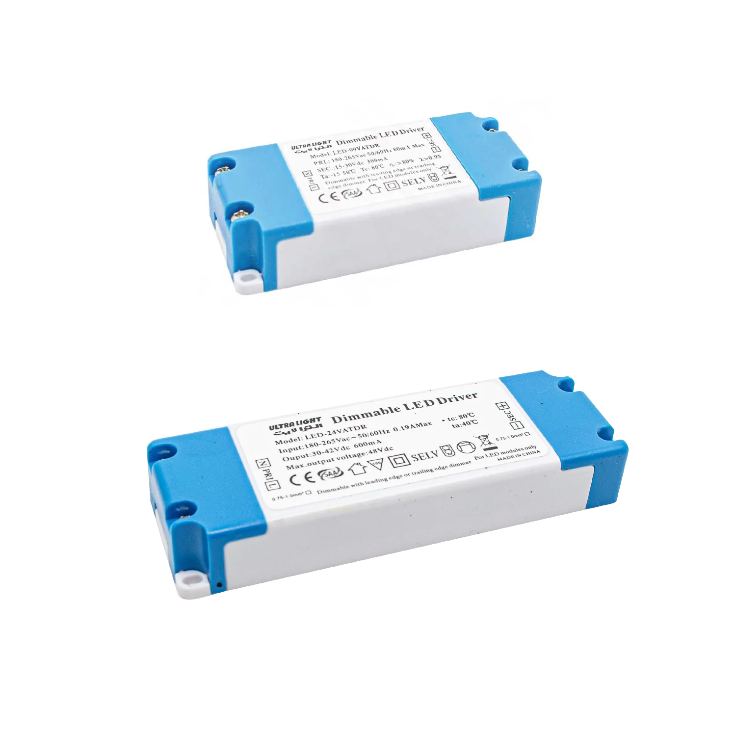 Two blue and white LED driver devices on a white background