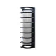 Black cylindrical shelf with multiple compartments on a white background