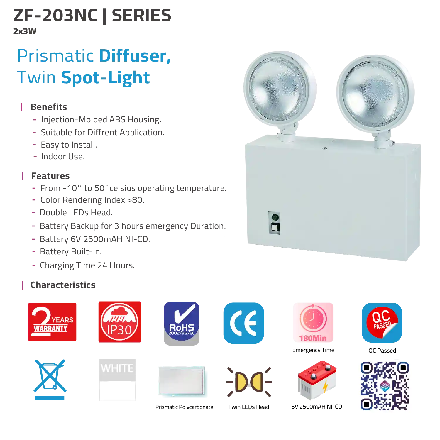 Prismatic Diffuser Twin Spot-Light with features and specifications on a white background
