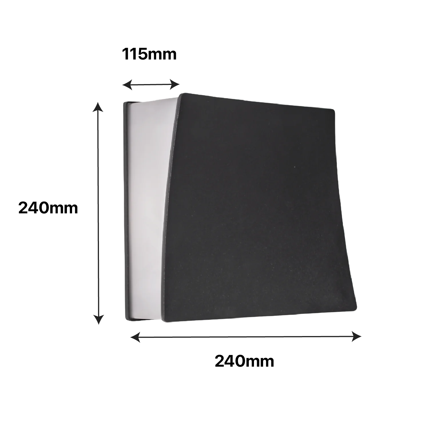 Black rectangular object with dimensions labeled on a white background