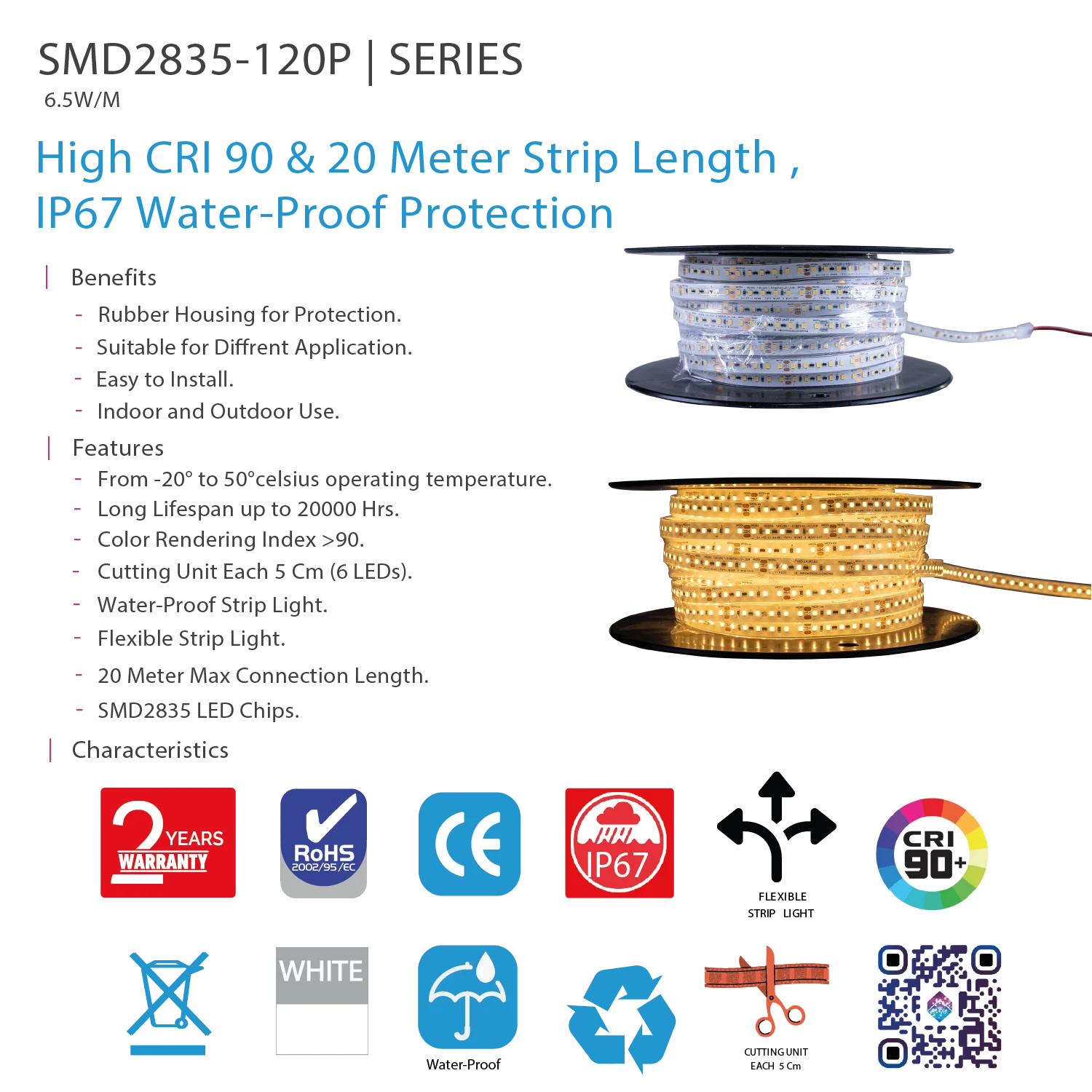 Waterproof LED Strip Light 20M 24V – Flexible Outdoor & Indoor Lighting (SMD2835-120P)