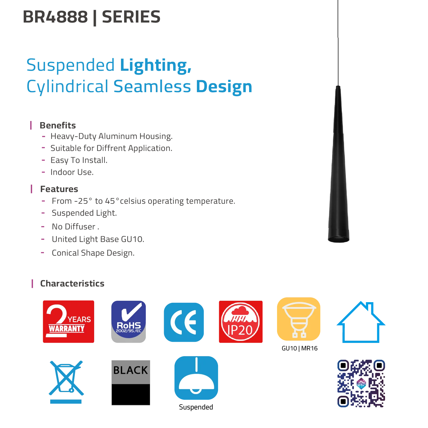 BR4888 series suspended lighting with features and benefits listed on a white background.