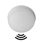 Round white sensor with black icon on a white background