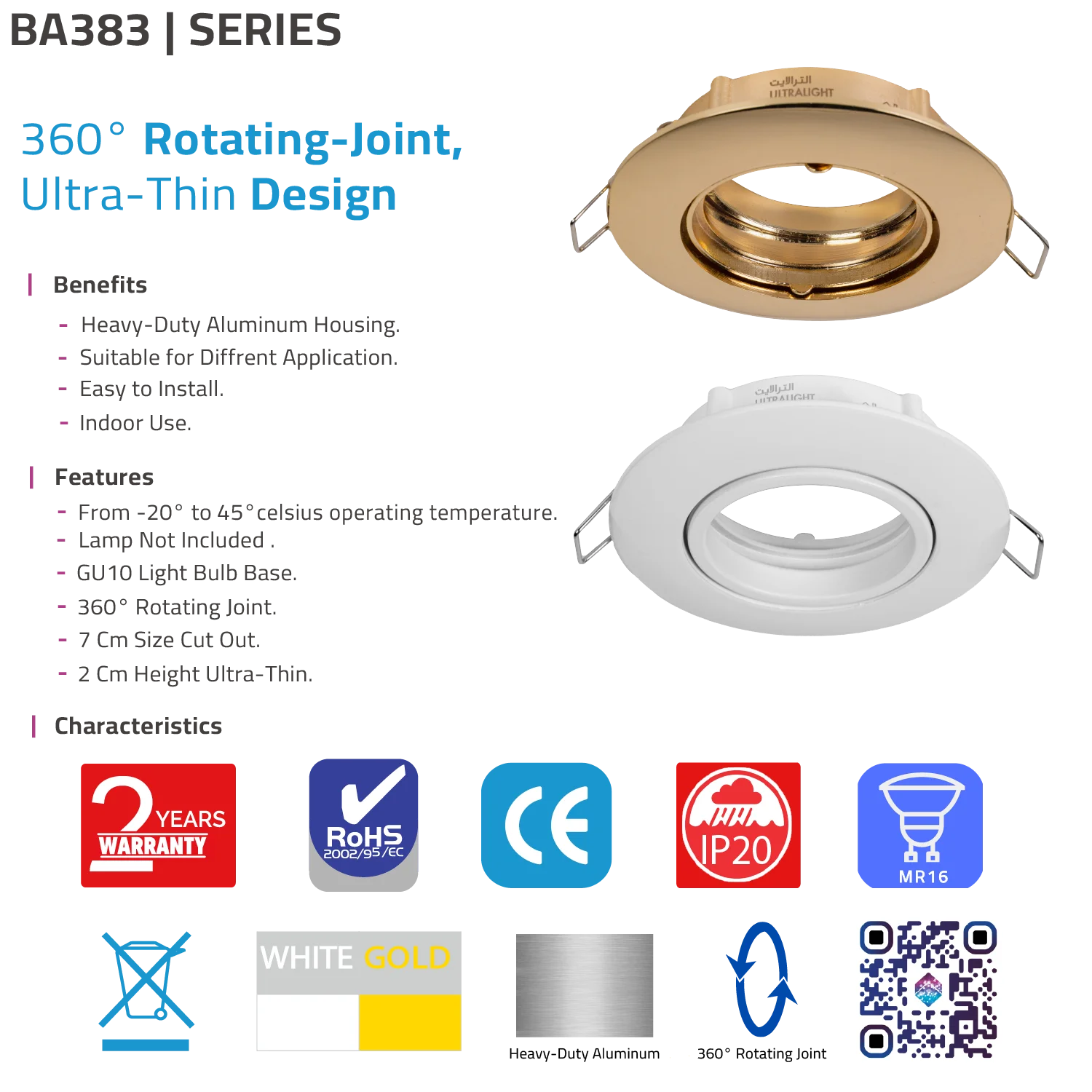 Gold and white recessed lighting fixtures with product details on a white background