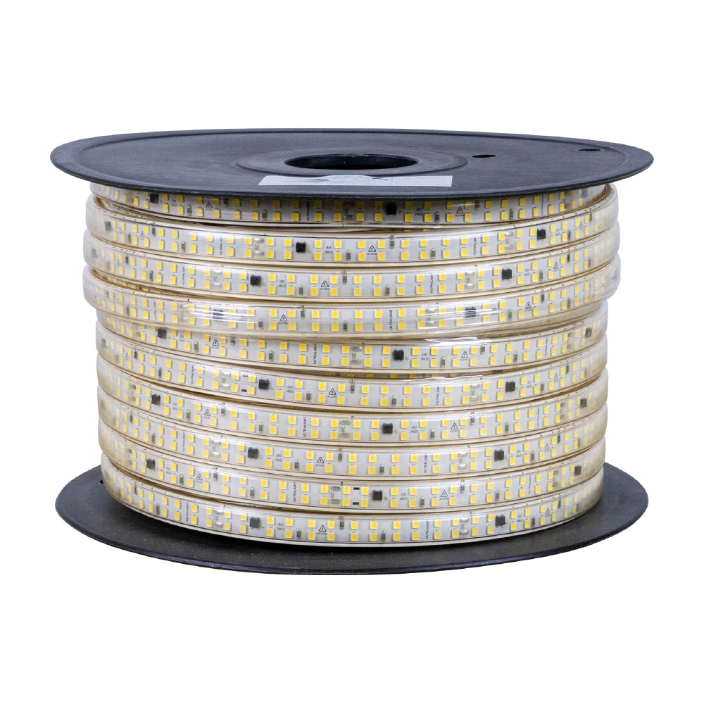 Spool of LED strip light on a white background