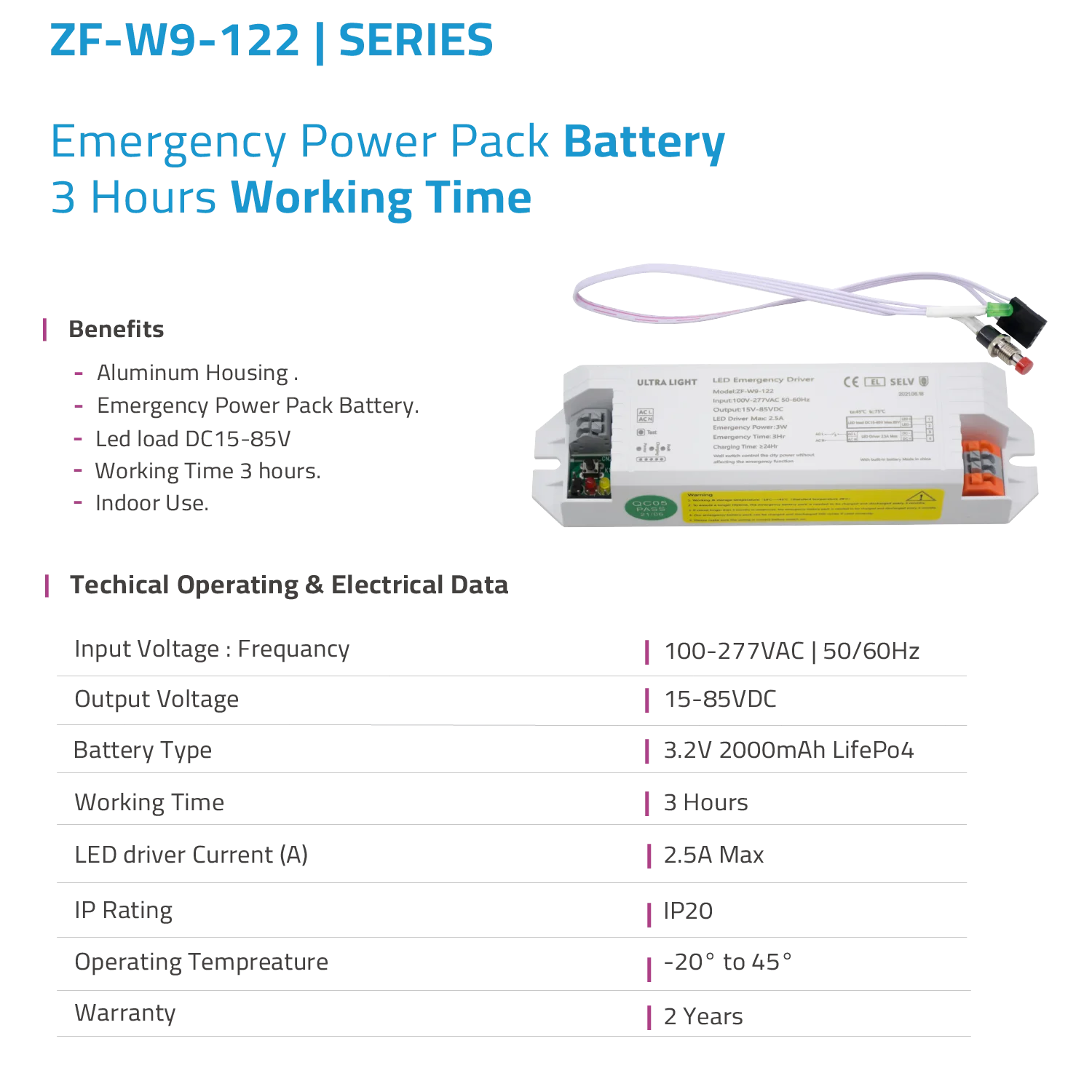 Emergency power pack battery with specifications on a white background