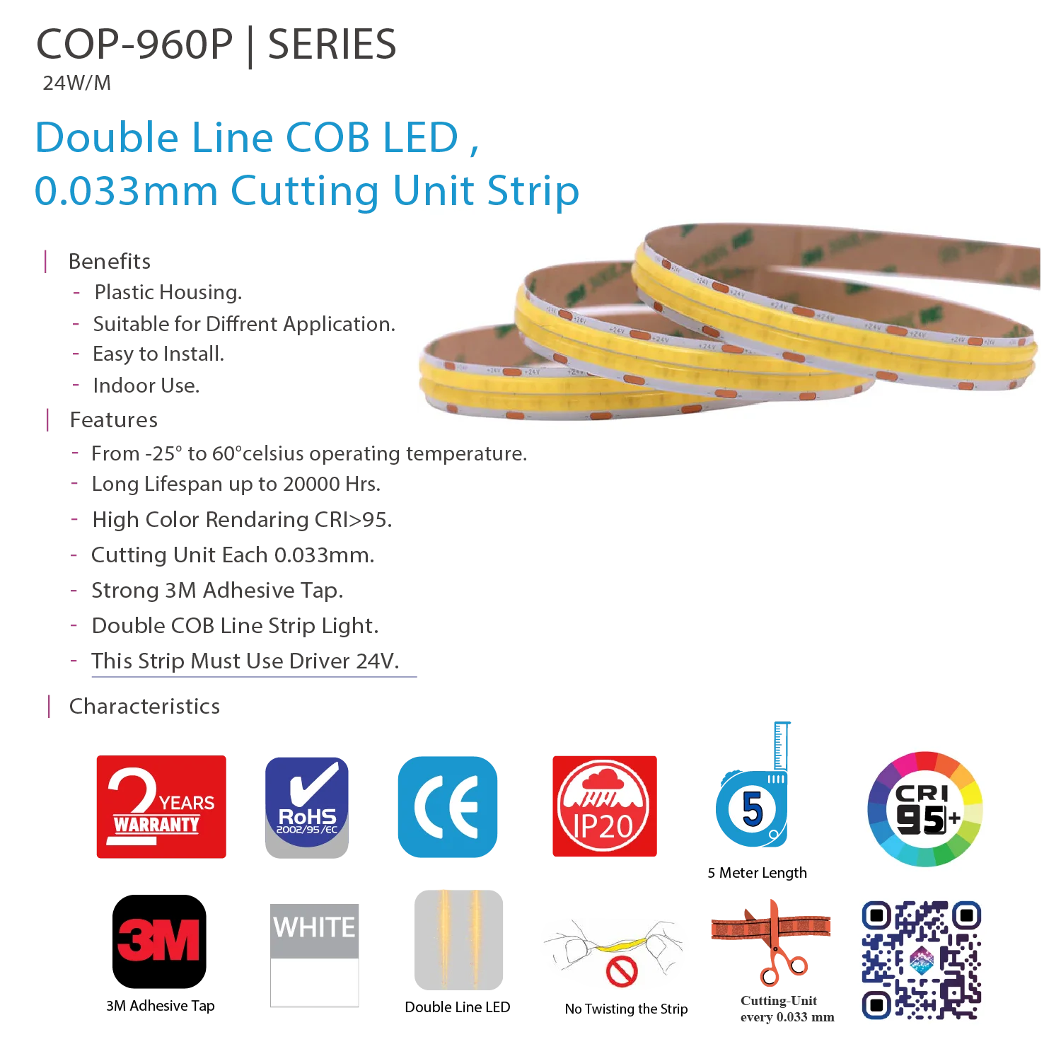Ultra Light Double Line COB LED Strip Light 24W/m – 5M, High CRI >95 (COB-960p)