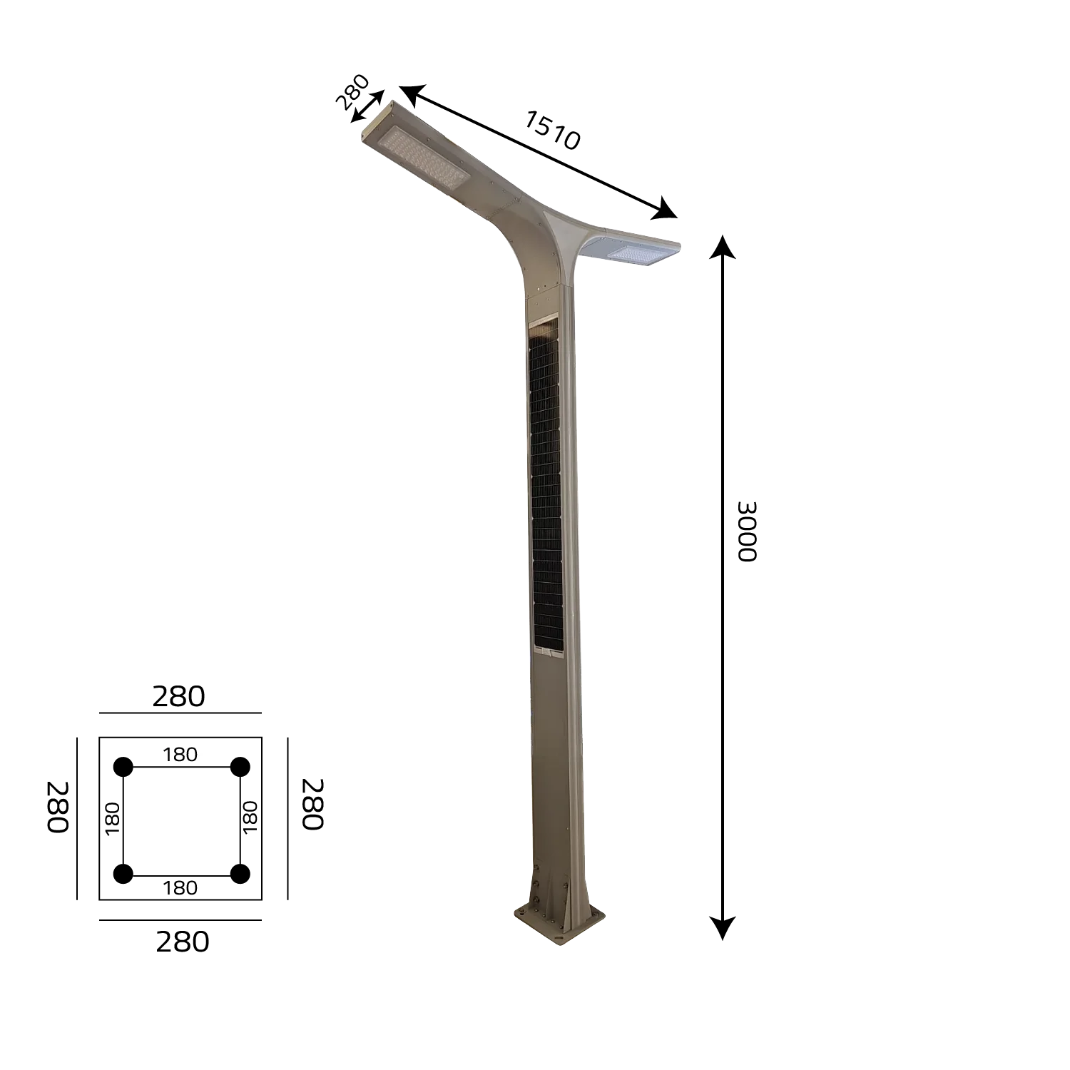 عمود إنارة شمسي (TY01) - إضاءة ليد برأسين 30W مع لوح شمسي 160W - مقاوم للماء IP65 - ارتفاع 3 متر