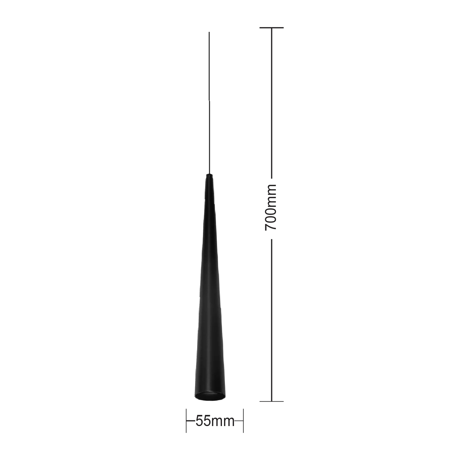 Black antenna with measurements on a white background