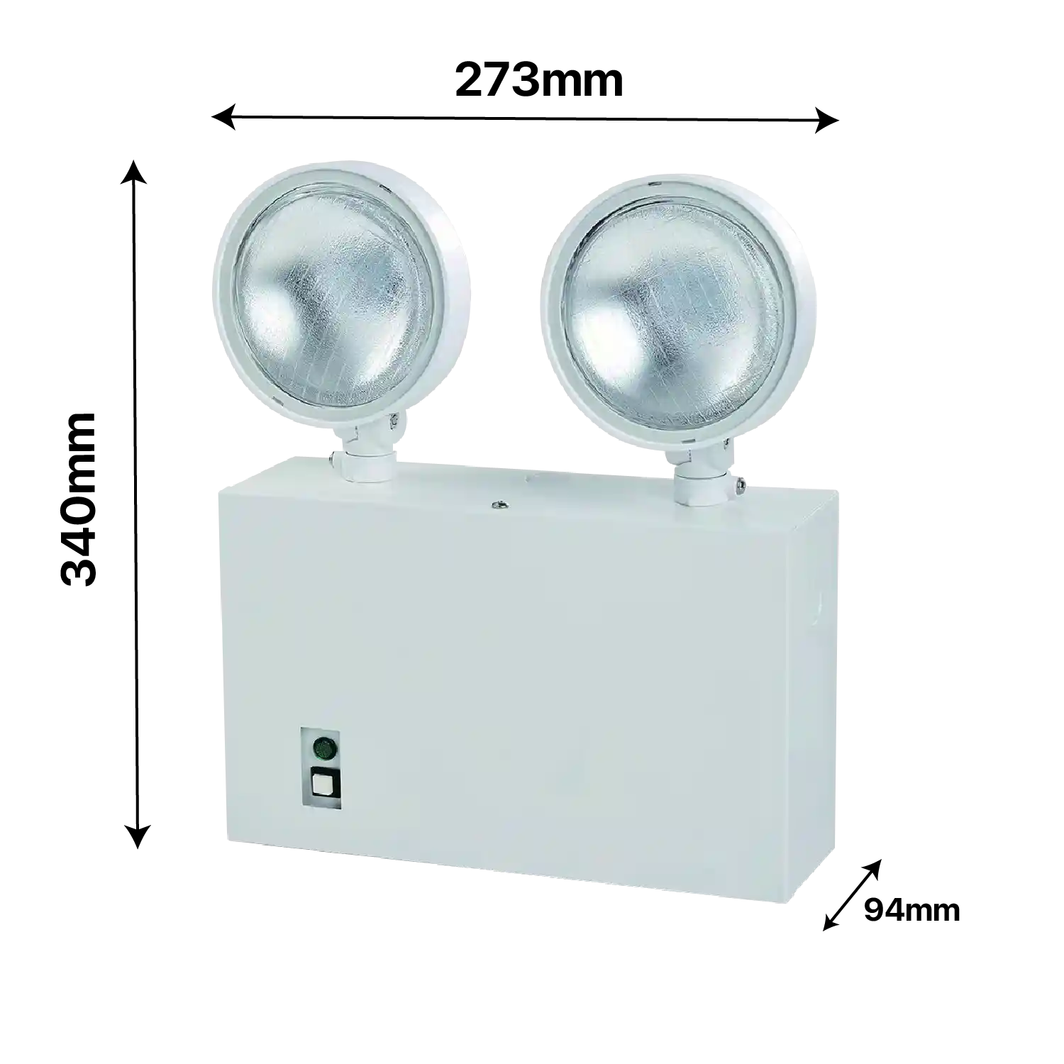 White emergency light with dimensions labeled on a white background