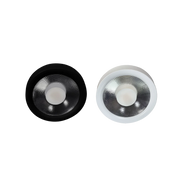 Two round light fixtures, one black and one white, on a white background