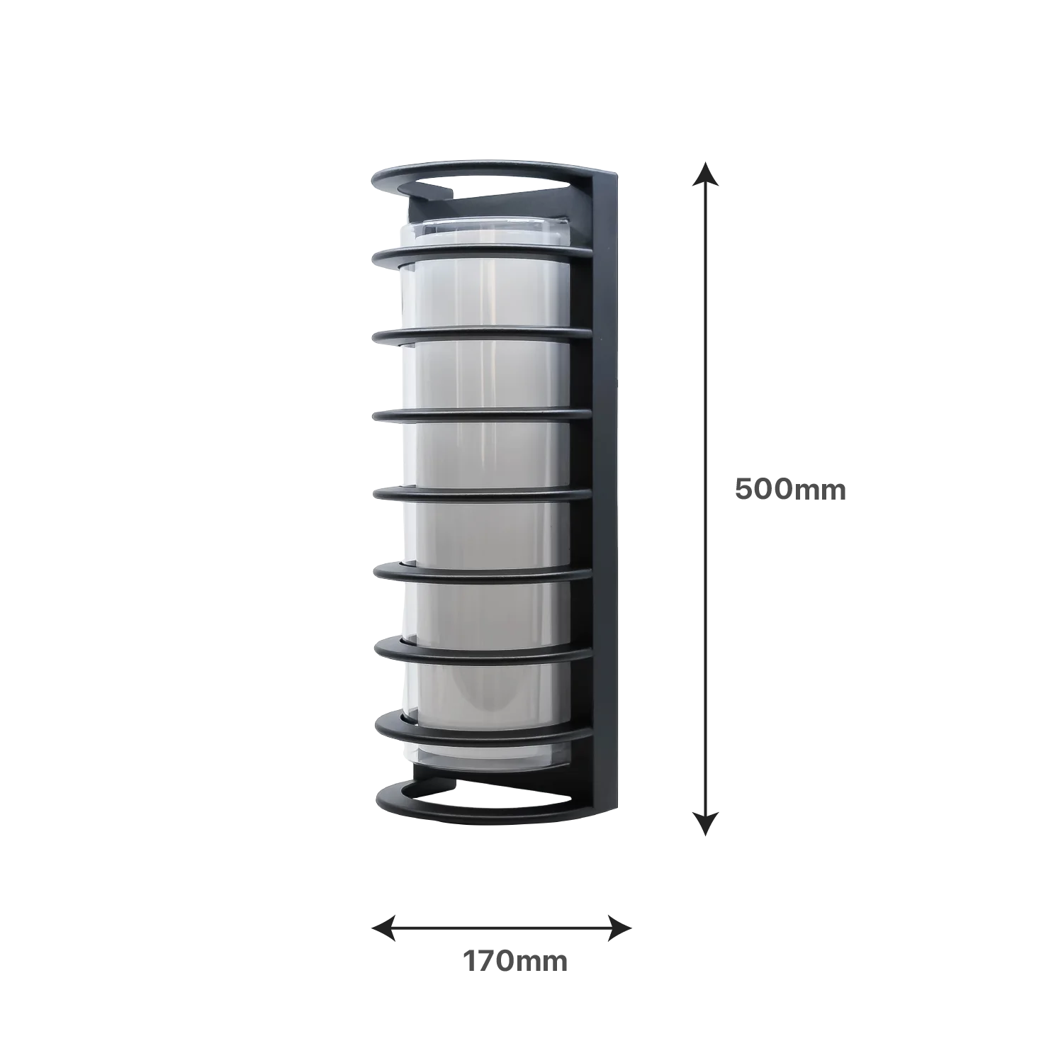 Black cylindrical product with mesh compartments and dimensions on a white background