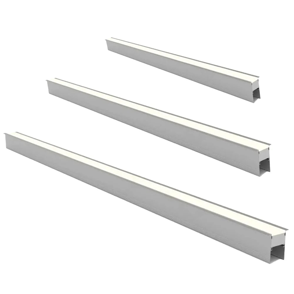 Three metallic profiles on a white background