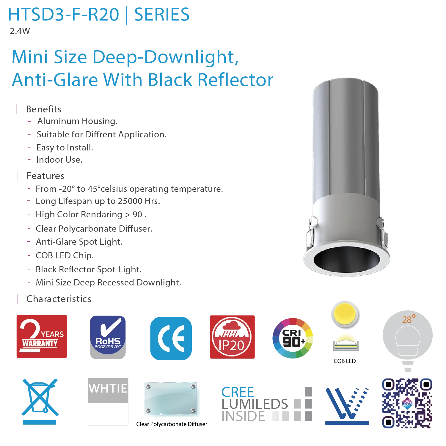 سبوت ليد غاطس صغير 2 سم مضاد للوهج 2.4 واط CRI>90 (HTSD3-F-R20)