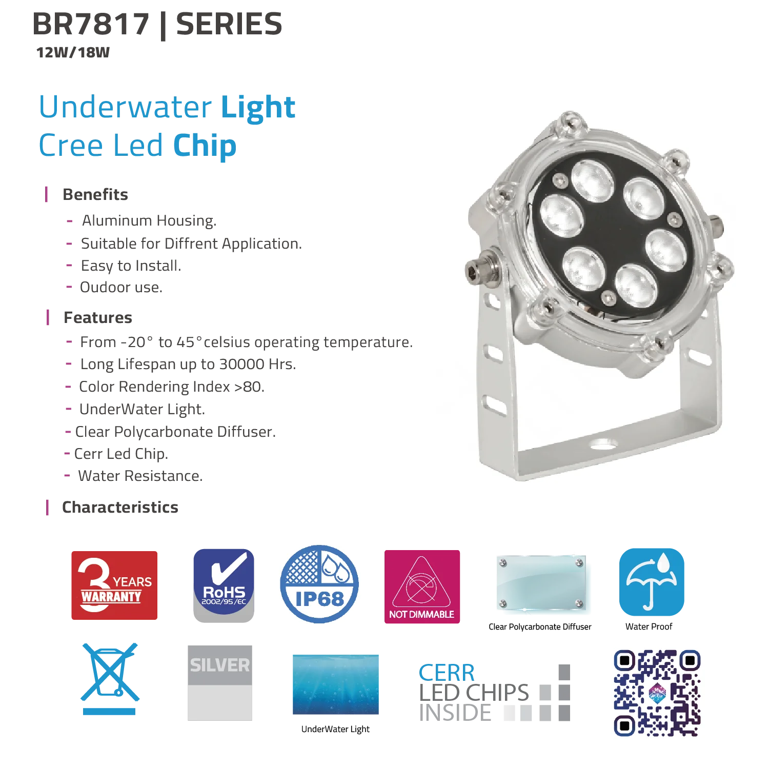 Underwater light with LED chip details and certification logos.
