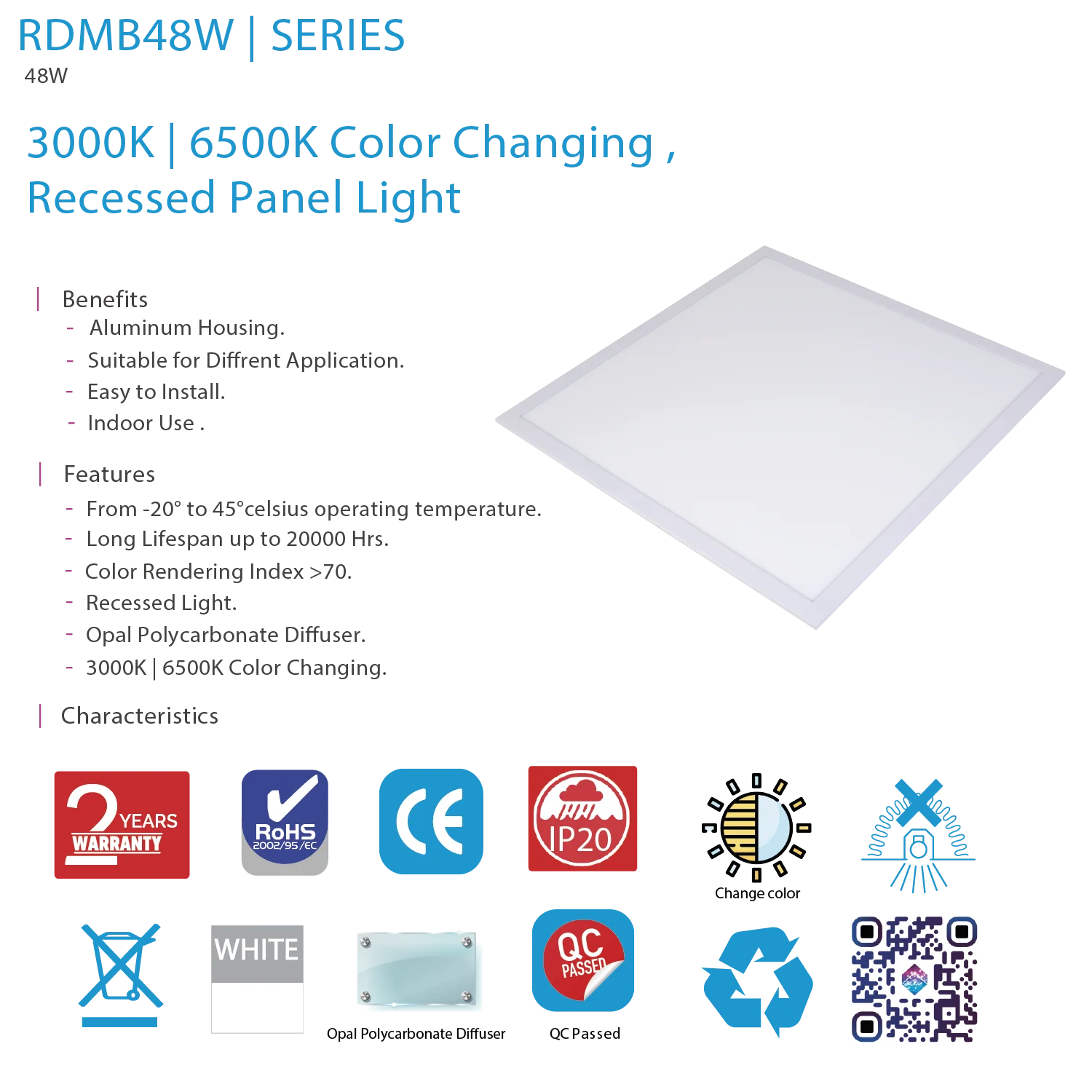 إنارة بانل ليد 60×60 من الترا لايت – 48 واط، إضاءة سقفية 3000K و6500K (RDMB48W)