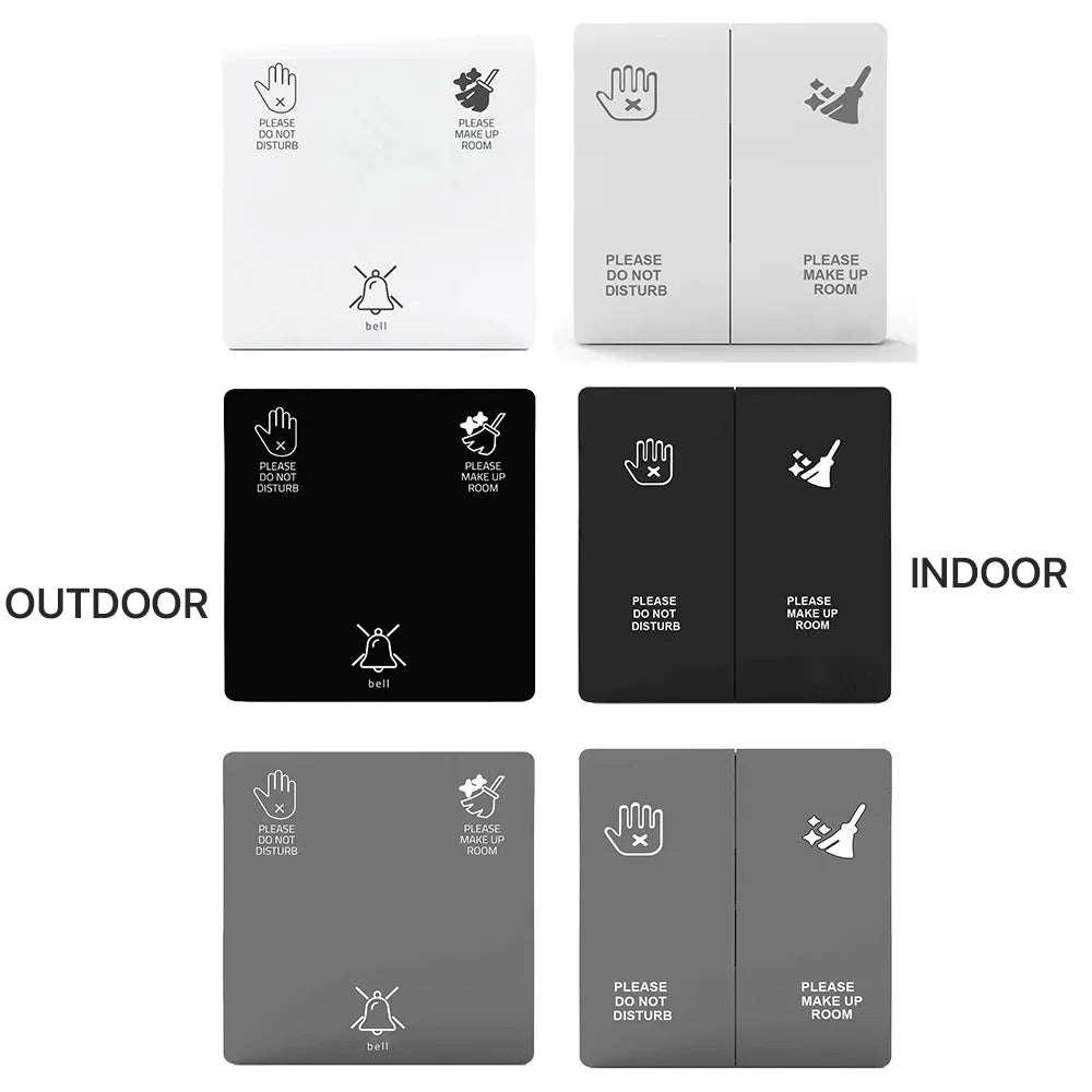 Set of four signs with symbols and text for outdoor and indoor use on a white background.