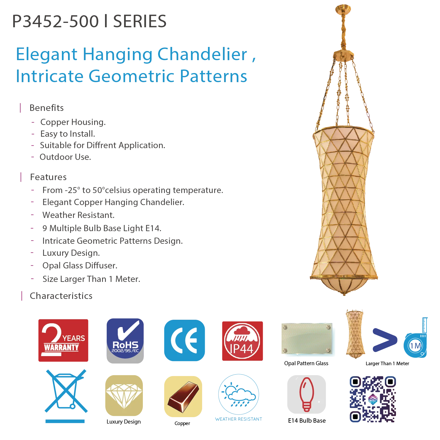 ثريا نحاسية فاخرة بتصميم هندسي أنيق من الترا لايت 9 لمبات E14 (P3452-500)