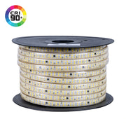Spool of LED strip light with CRI 90+ logo on a white background