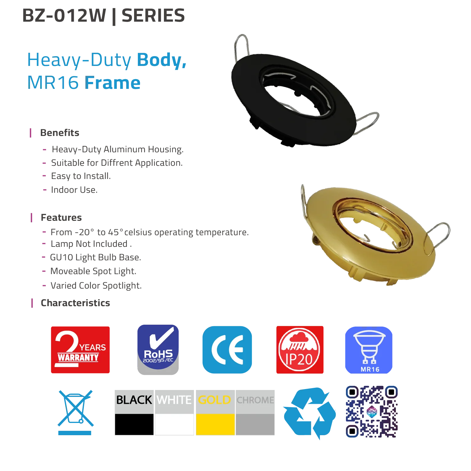 Light fixture with black, gold, and white color options on a white background