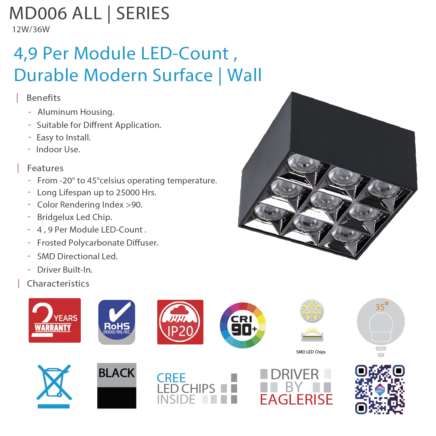 كشاف ليد جداري بتركيب سطحي عصري مع درجة وضوح ألوان عالية CRI>90 (MD006)