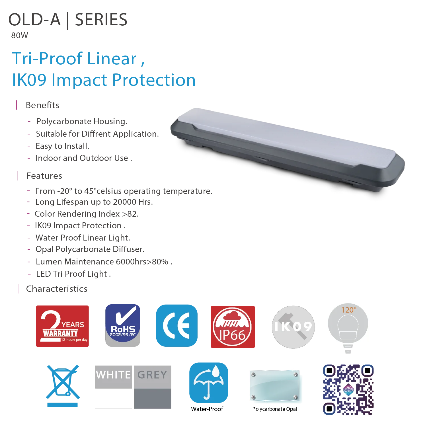 مصباح خطي ليد من الترا لايت – ‎80‎ واط، مقاوم للماء IP66، ومقاوم للصدمات IK09 (OLD‑A)