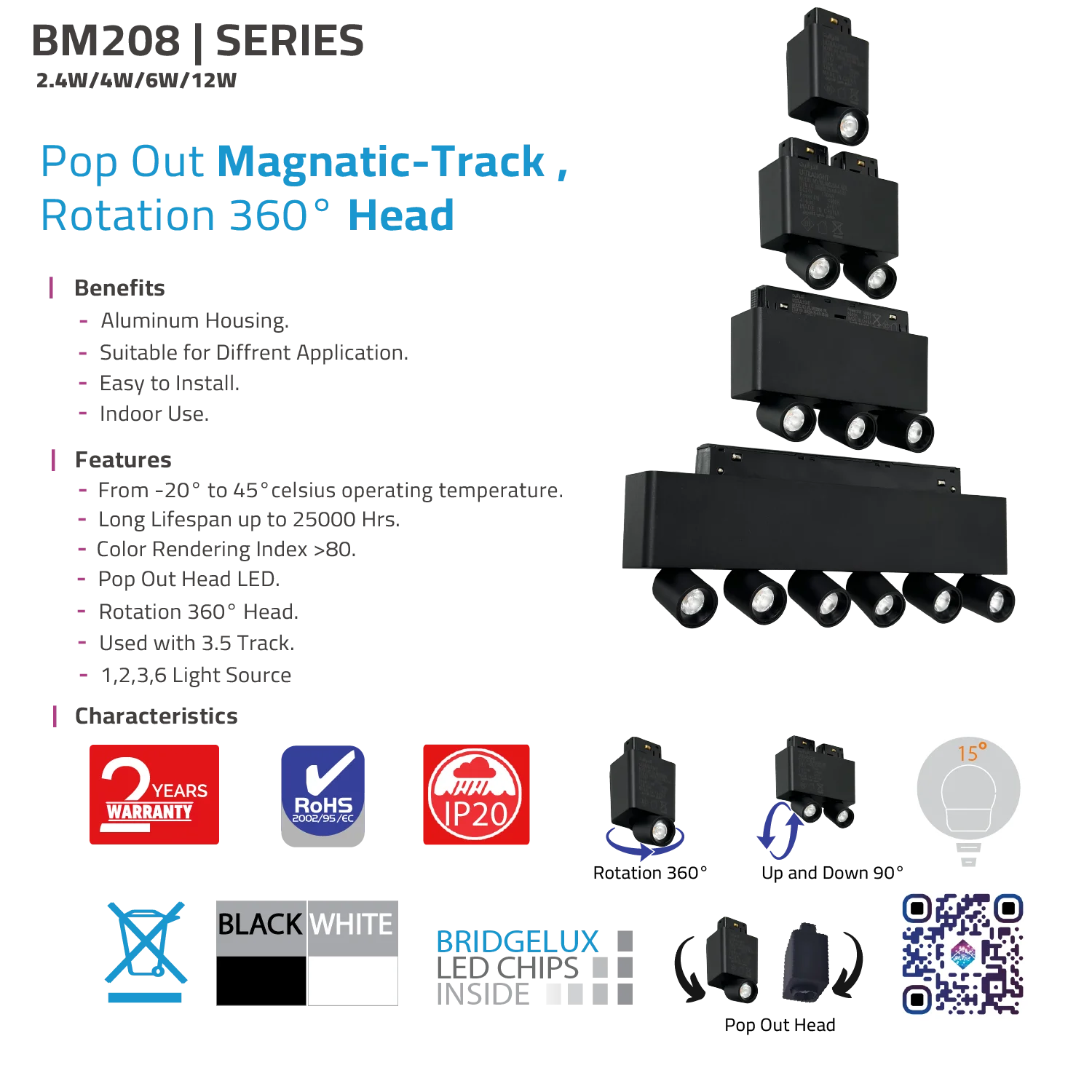 كشاف تراك لايت مغناطيسي (BM208) - إضاءة ليد 360° بتقنية Pop-Out للديكورات الداخلية – شريحة BRIDGELUX