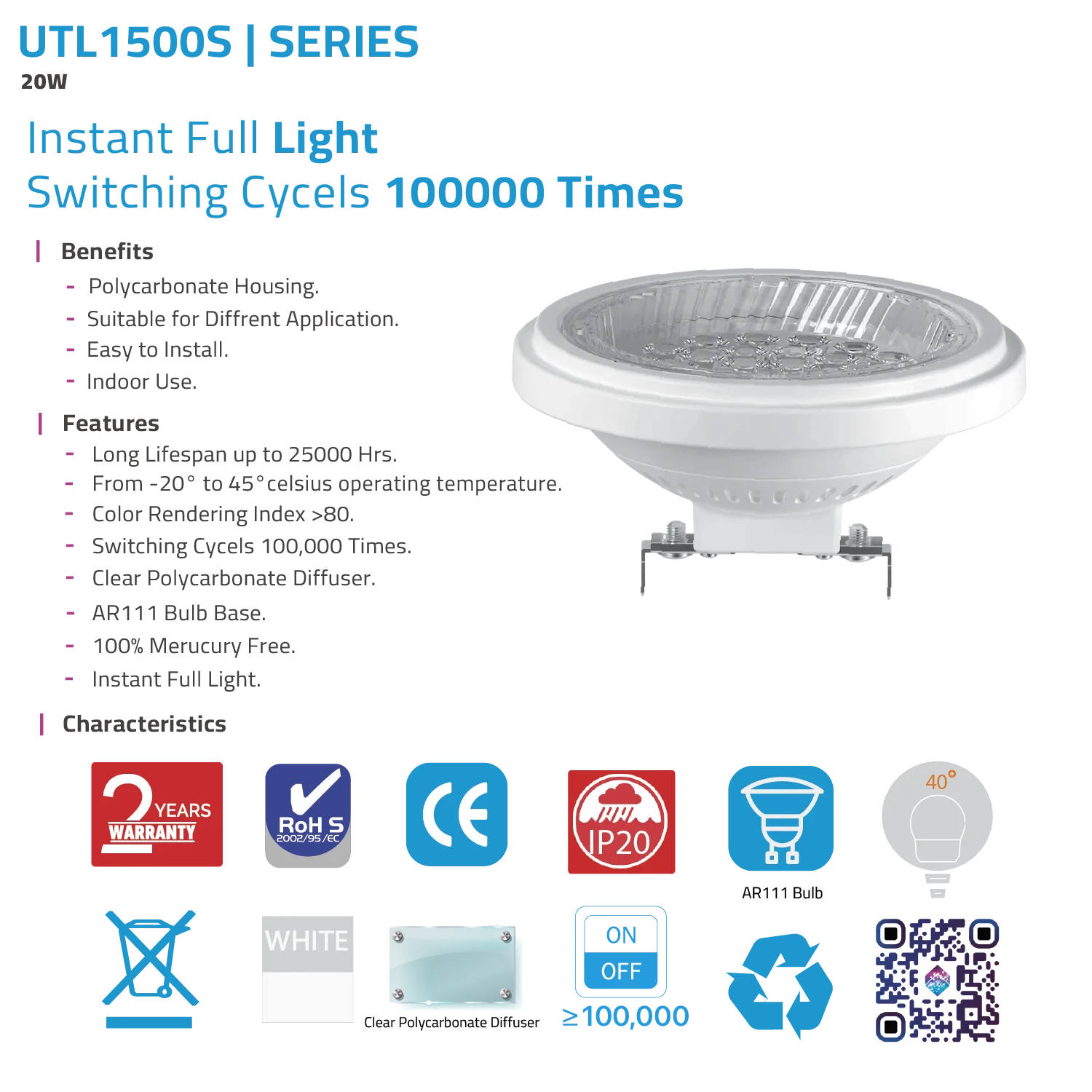 لمبة ليد داخلية عالية الأداء من الترالايت 20 واط 12V (UTL1500S)