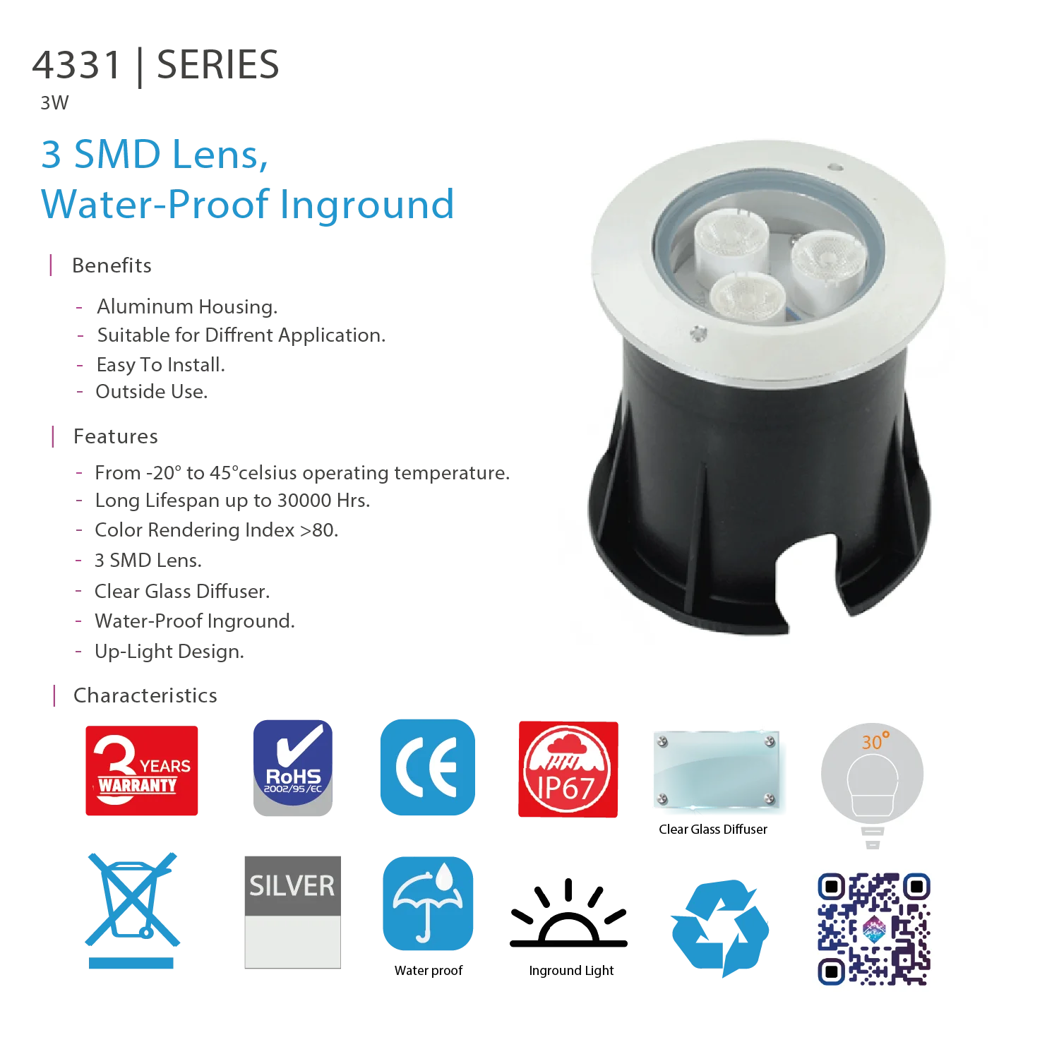 كشاف ليد أرضي مقاوم للماء  من الترالايت – تصميم Up-Light بزاوية 30° وهيكل ألمنيوم (4331)