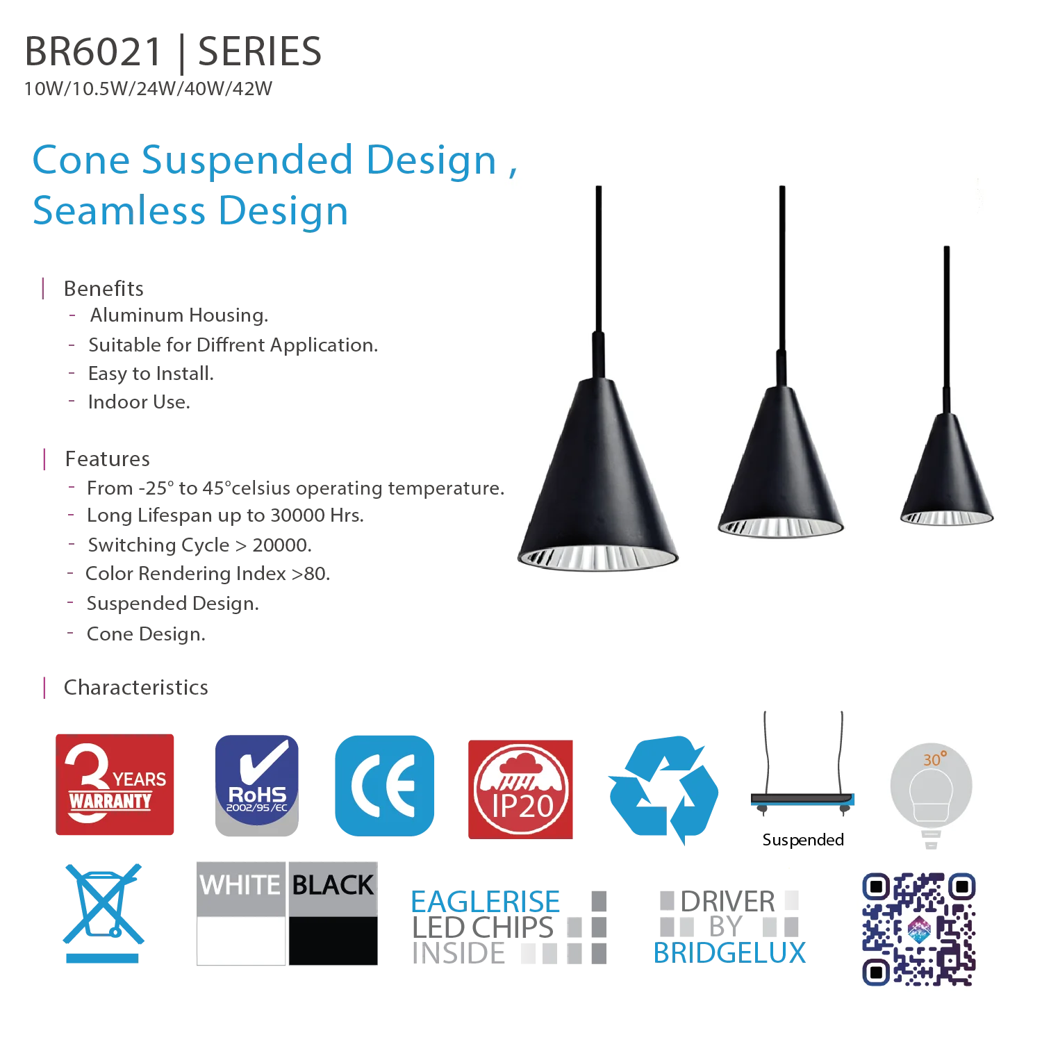 إنارة معلقة مخروطية داخلية من الترالايت (BR6021)