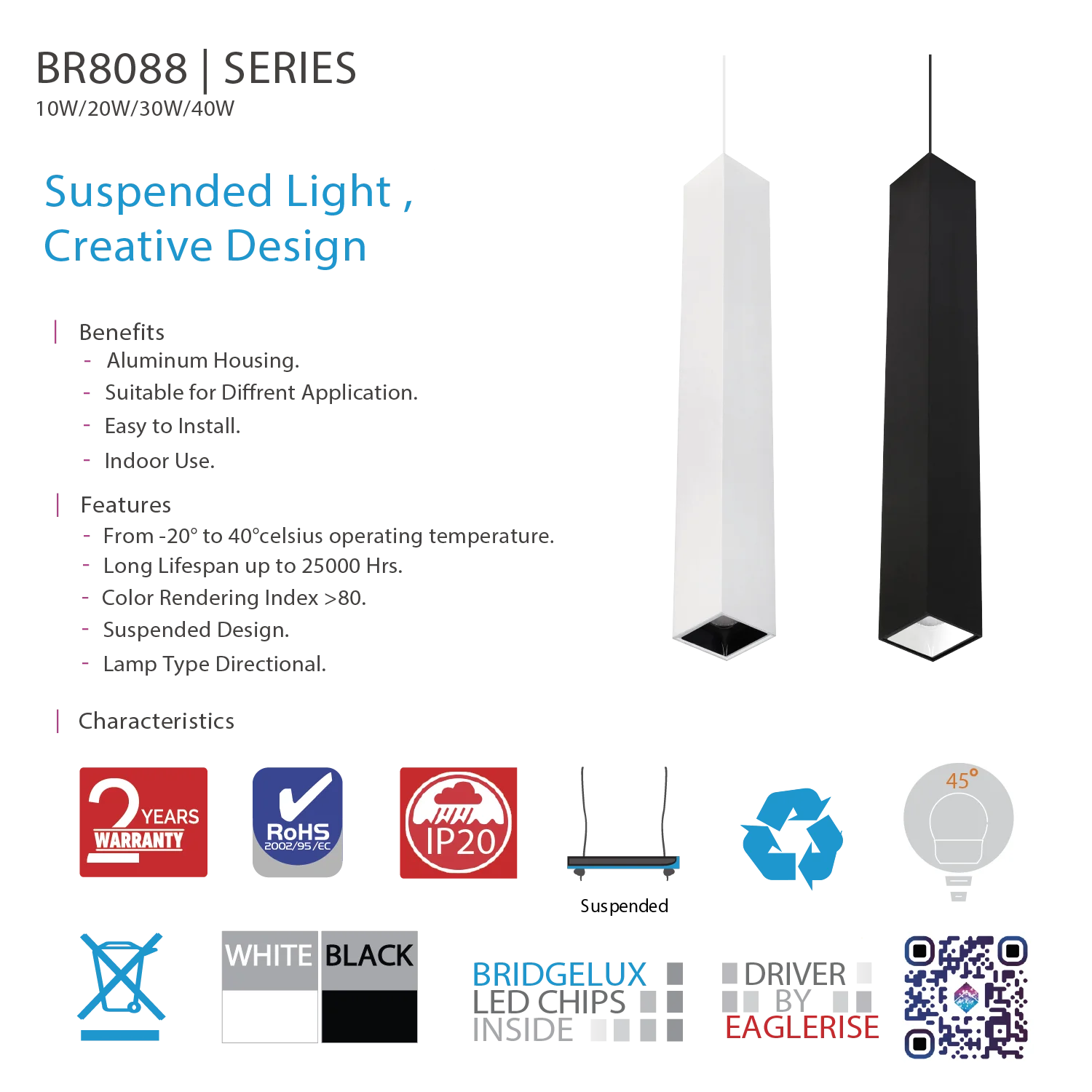 إنارة سقفية معلقة مربعة موجهة من الترالايت - 20 واط، هيكل من الألمنيوم (BR8088-SQ)