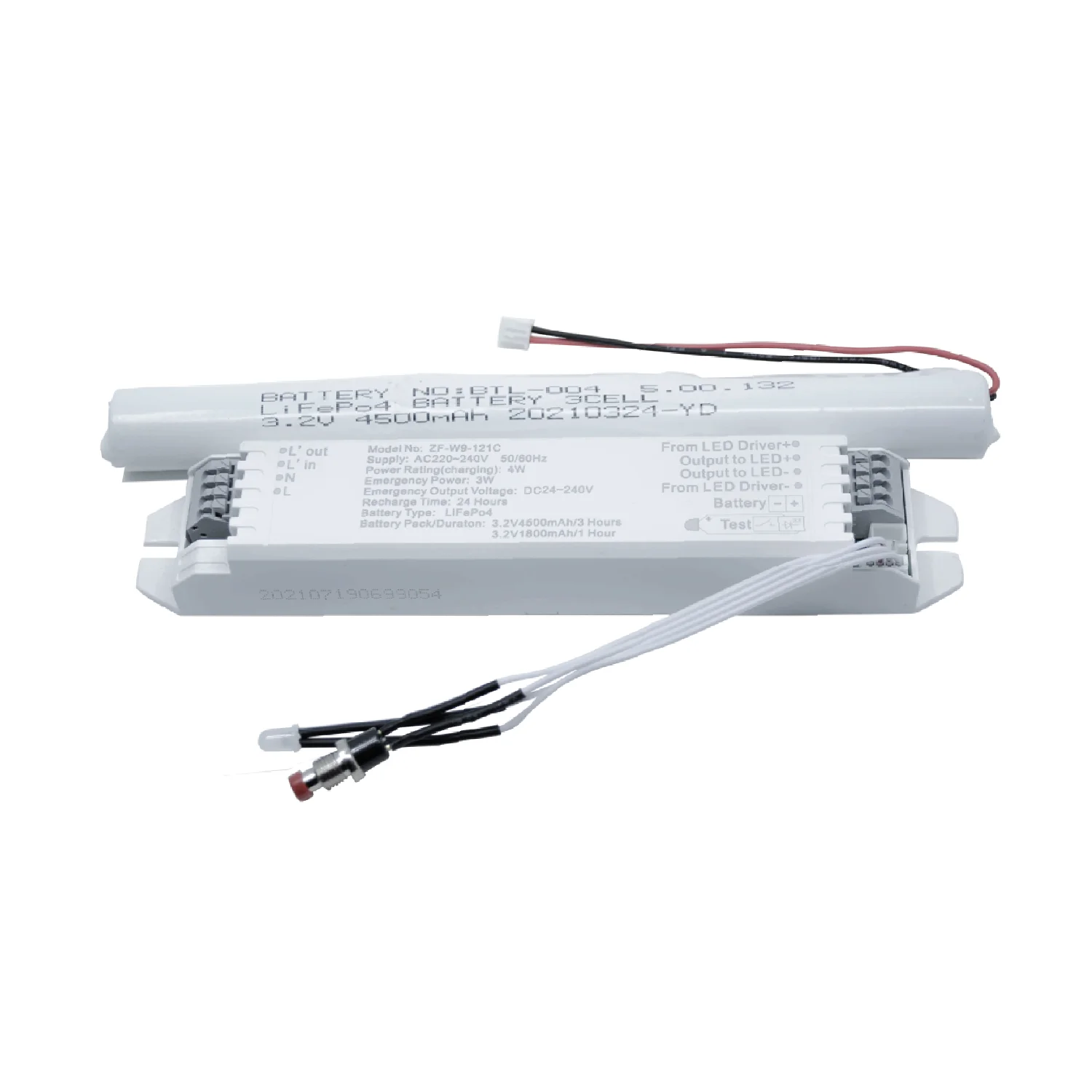 An LED emergency power pack with a white casing, featuring cables and labeling indicating a 4W output and 24V input.