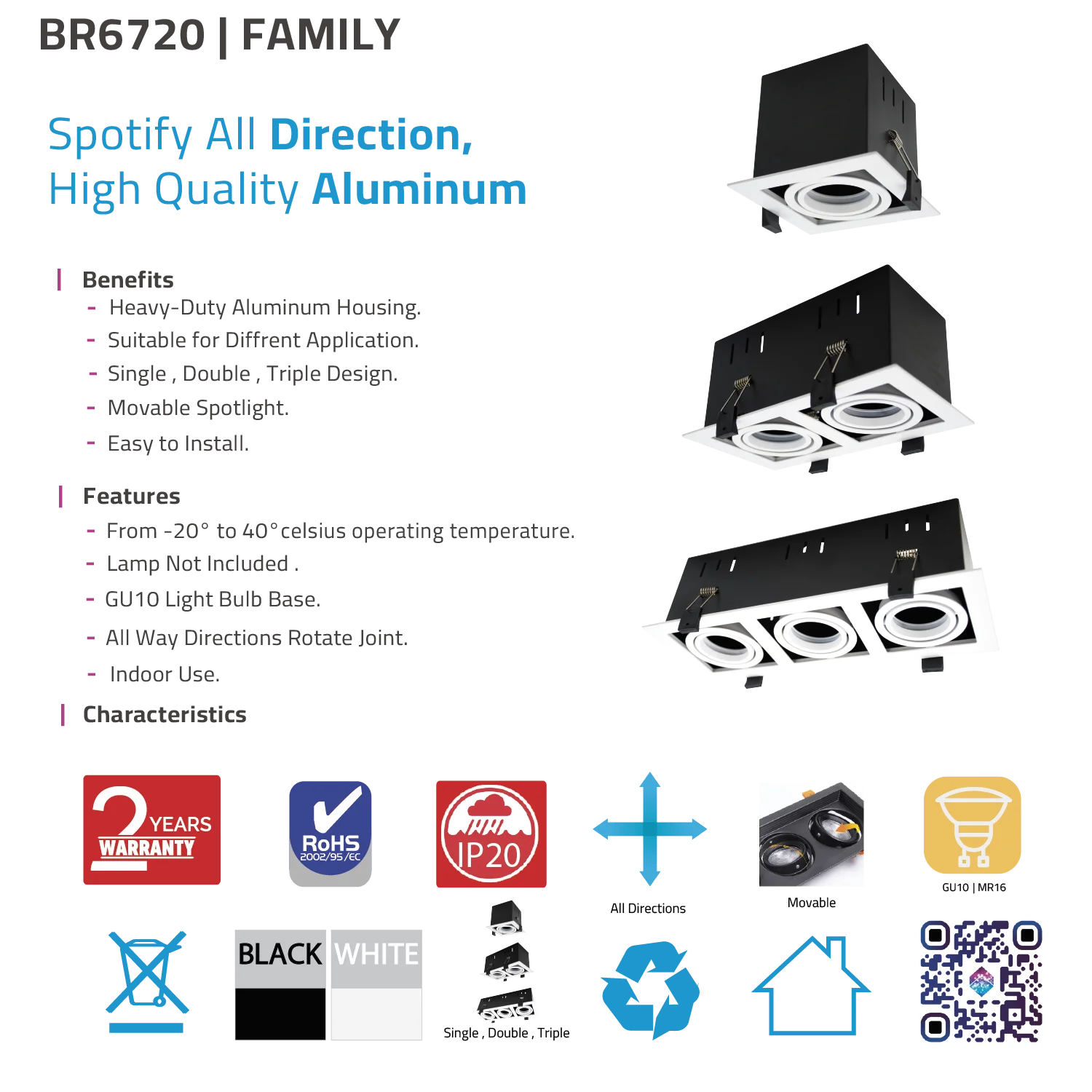إطار سبوت لايت قابل للتوجيه من الترالايت – تصميم متحرك أنيق للإضاءة المركزة (BR6720)
