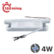 An LED emergency power pack with a white casing, featuring cables and labeling indicating a 4W output and 24V input.