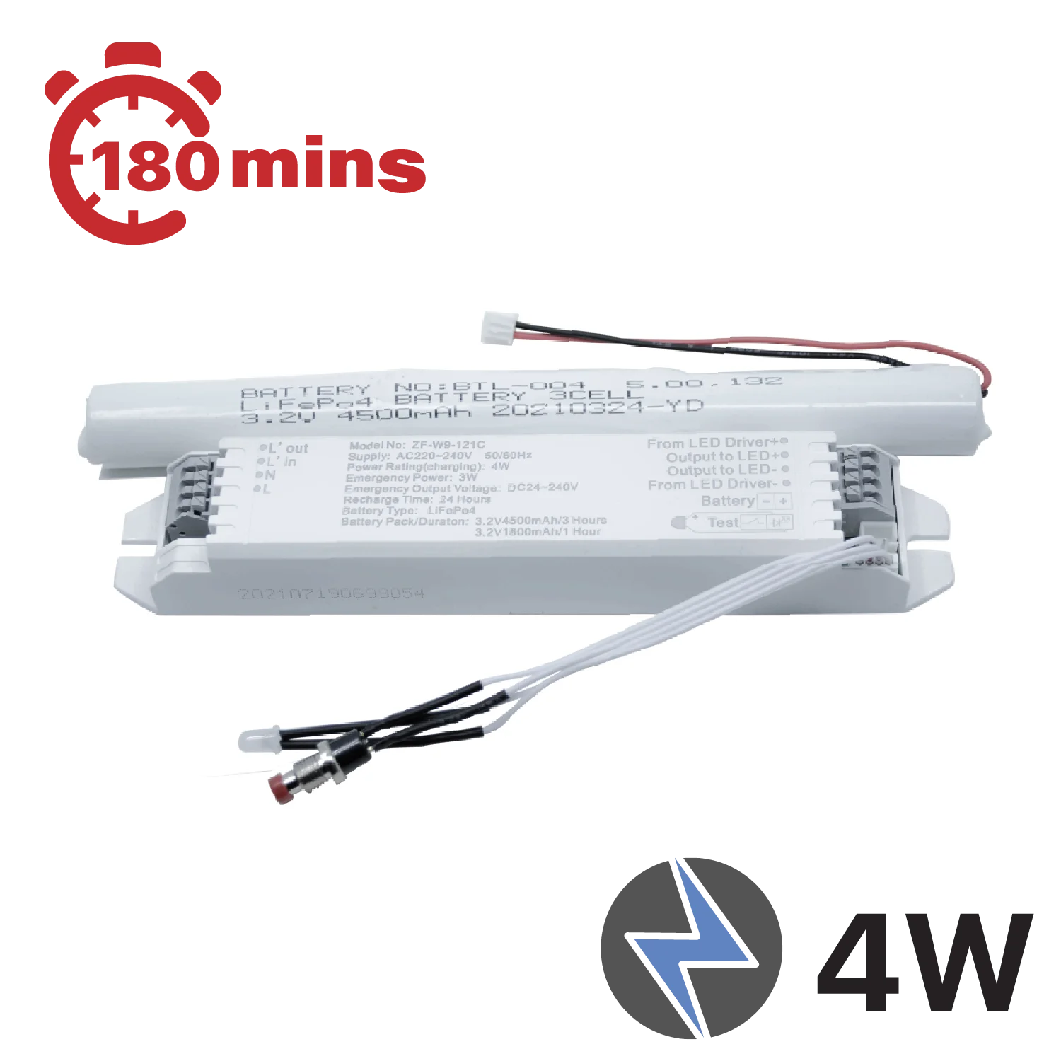 An LED emergency power pack with a white casing, featuring cables and labeling indicating a 4W output and 24V input.