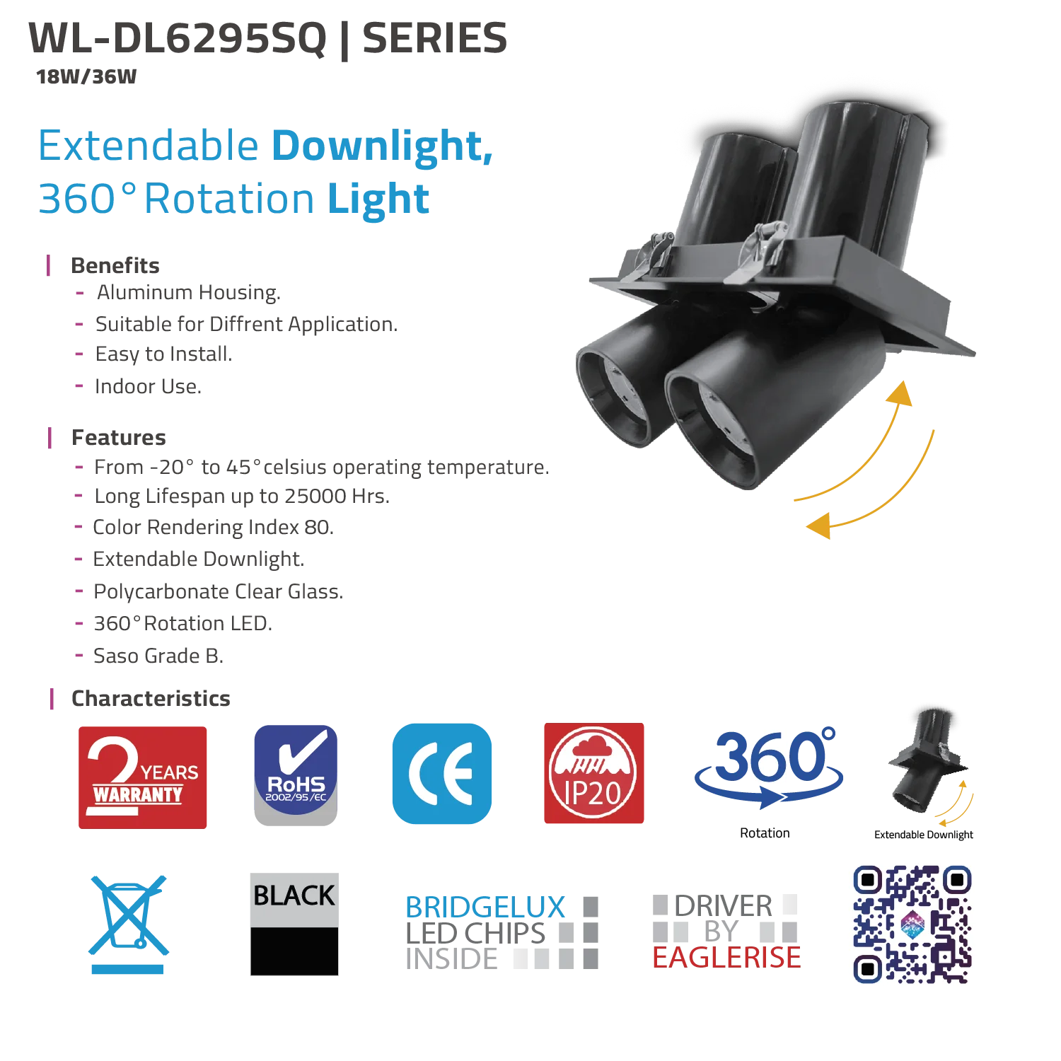 سبوت لايت دوّار وقابل للسحب والإخفاء بالجدار - للمحلات و المنازل الحديثة (WL-DL6295SQ)