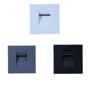 Three wall-mounted LED stair lights in white, black, and gray colors, with a minimalist square design and a central LED module.