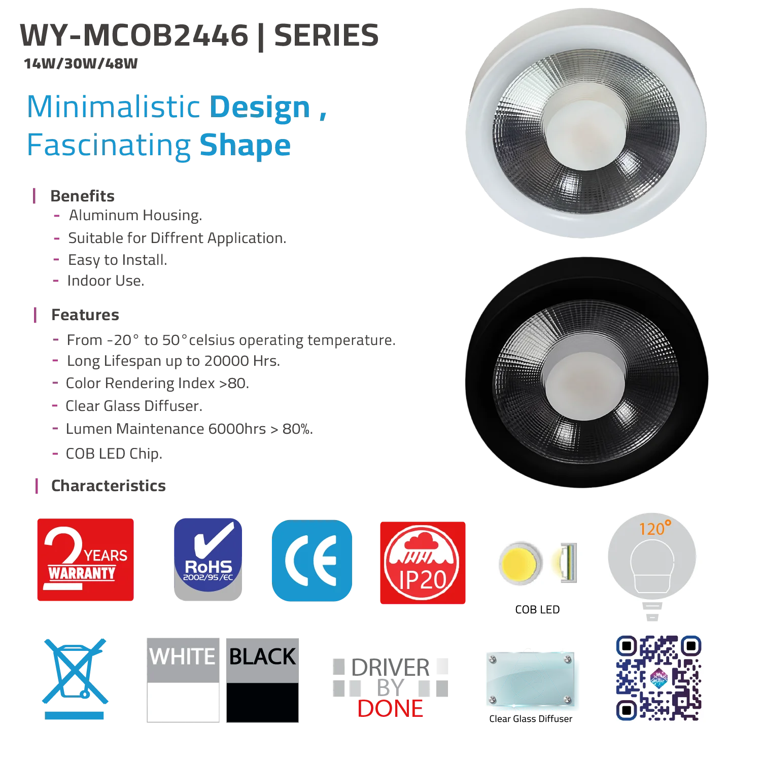 Light fixture with specifications and features on a white background