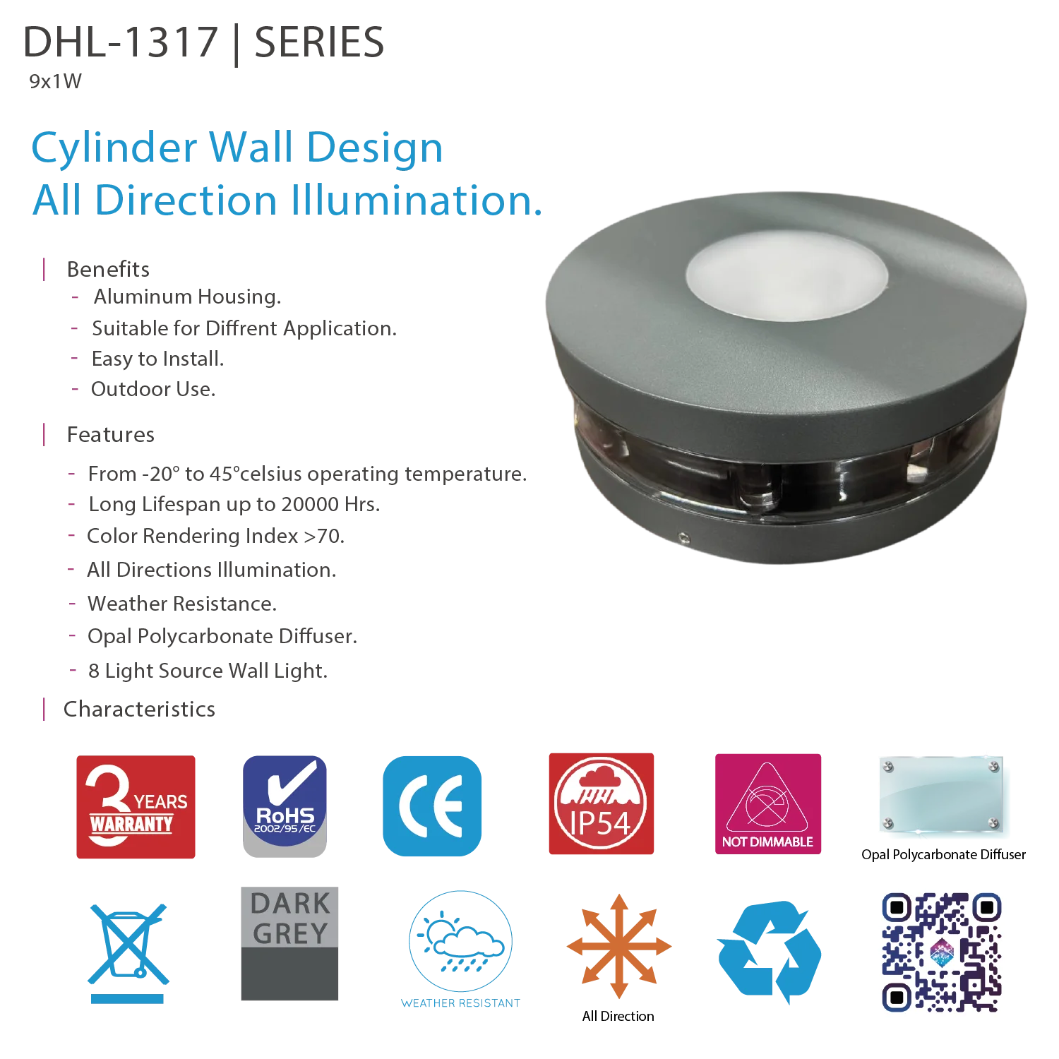 إضاءة جدارية خارجية ليد من الترا لايت | إضاءة أسطوانية لجميع الاتجاهات (DHL-1317)