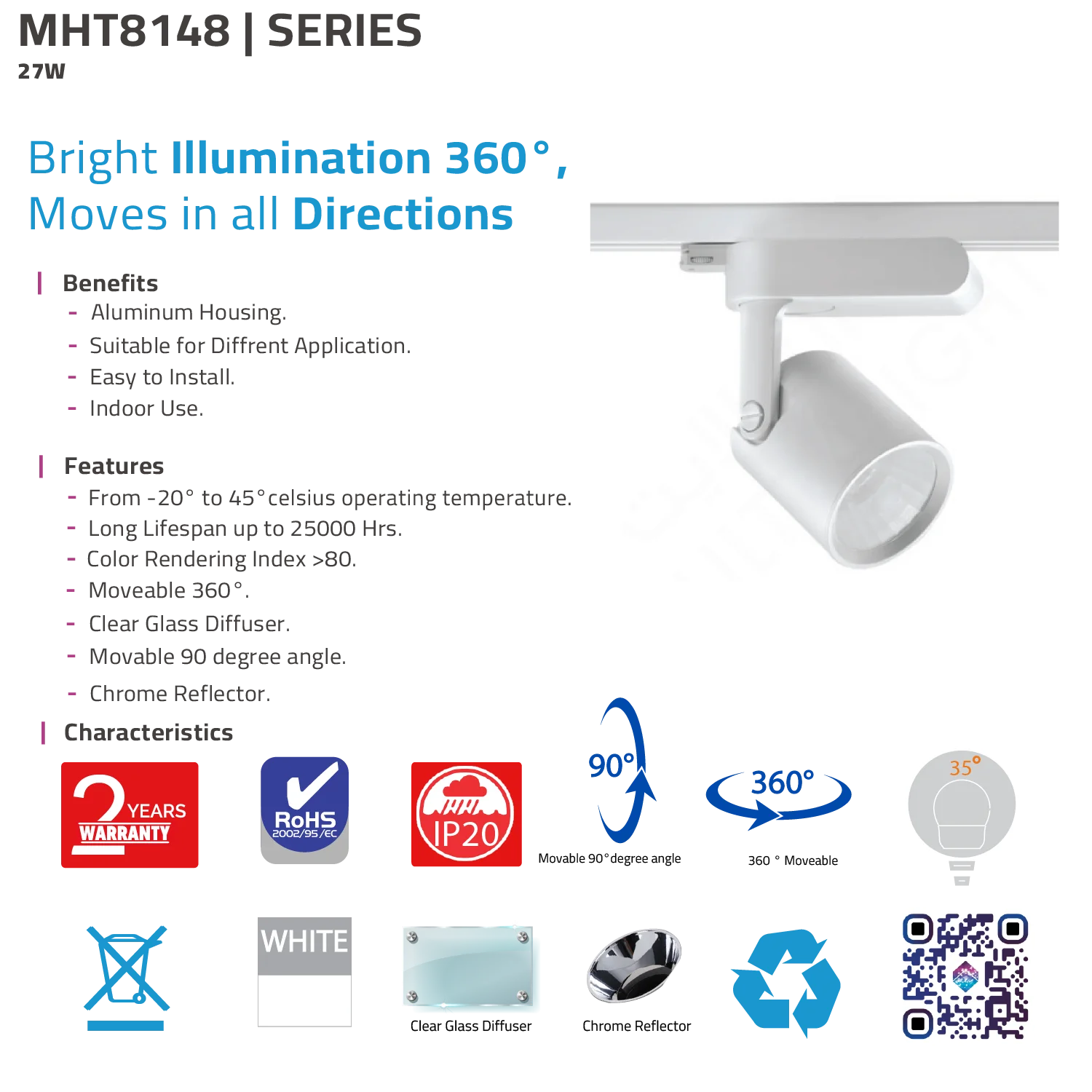 كشاف تراك لايت ليد داخلي 27 واط – قابل للتوجيه 360° – لون أبيض (MHT8148)