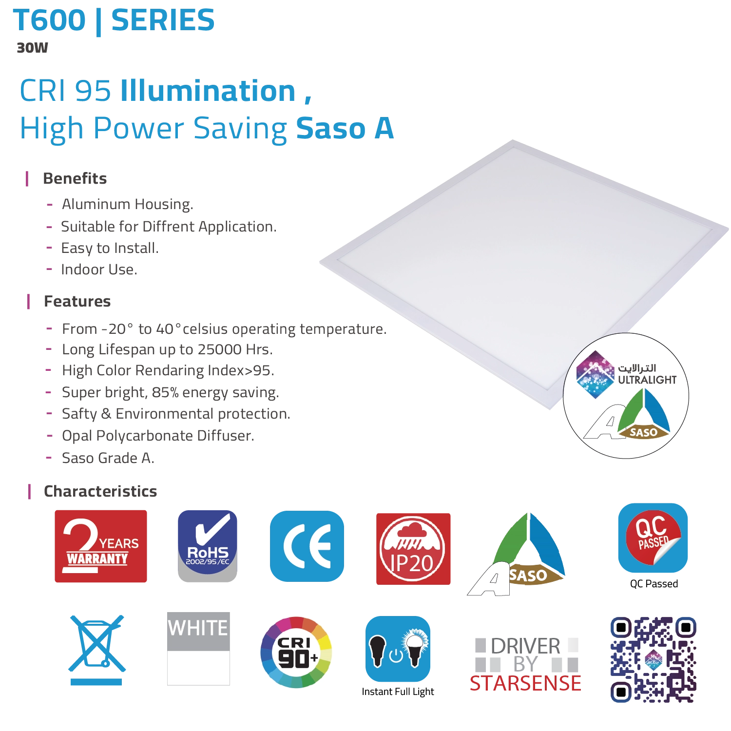 لوحة إنارة بانل ليد 30 واط من الترالايت - كفاءة عالية وتوفير طاقة مع CRI 95 (T600)