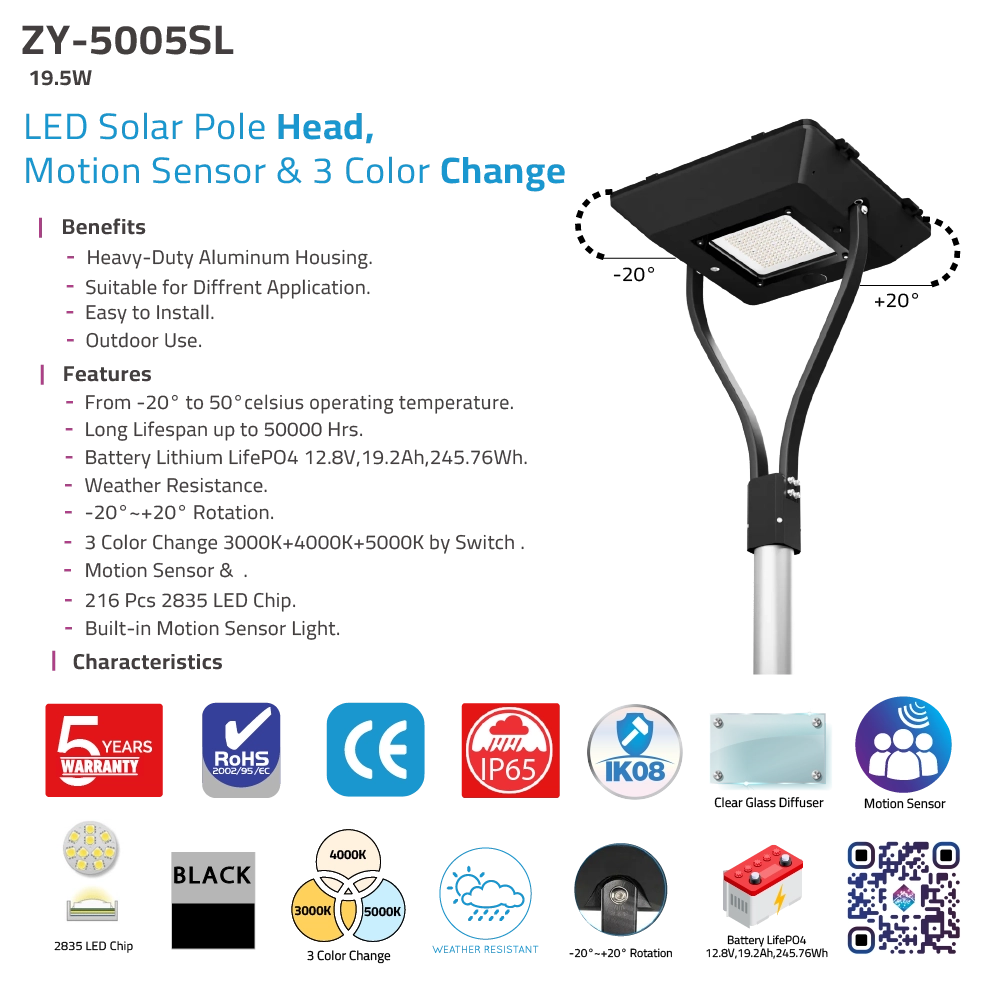 رأس عمود إضاءة LED يعمل بالطاقة الشمسية مزود بمستشعر للحركة وميزة تغيير الألوان الثلاثة