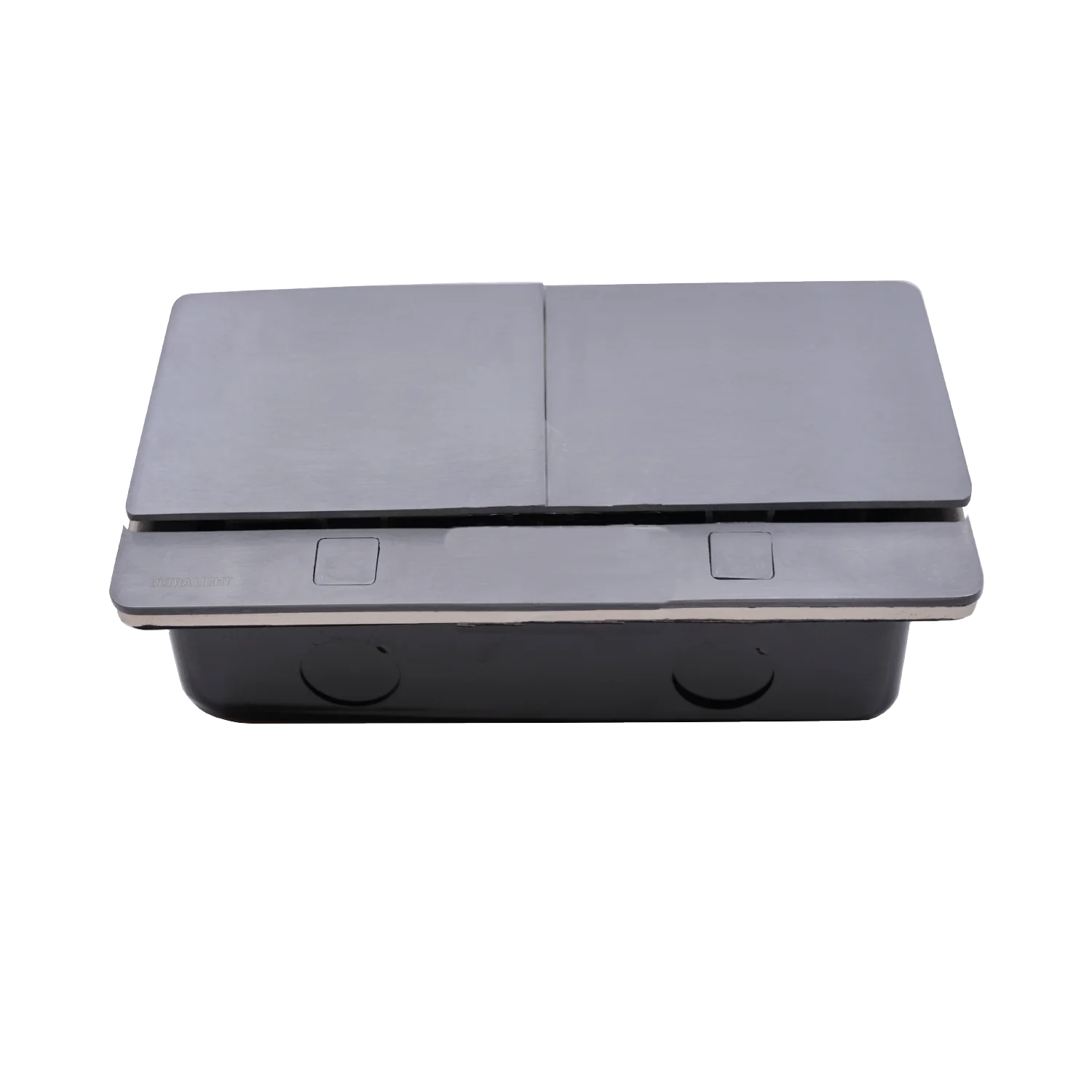 Gray electronic device with a flat top surface on a white background