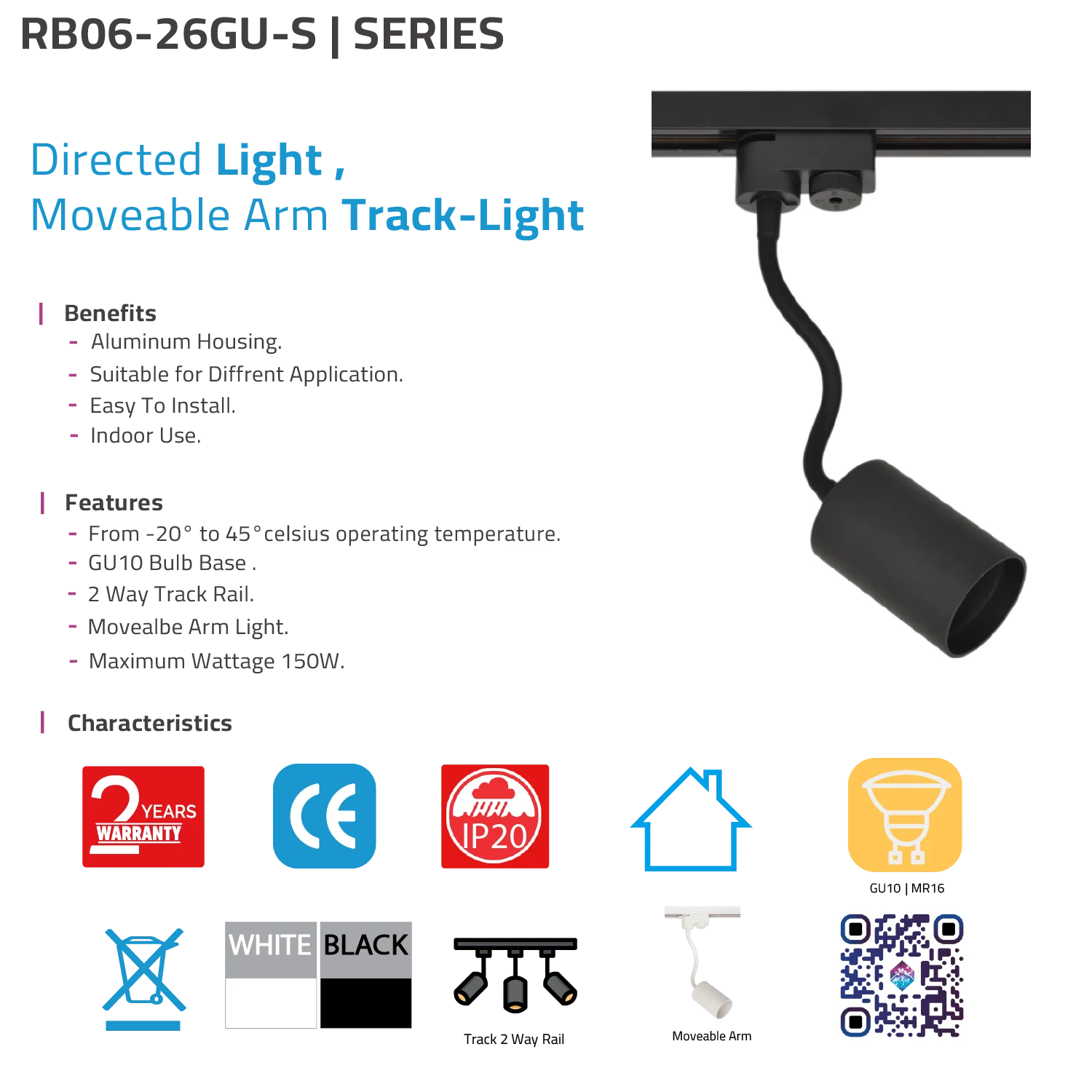 كشاف تراك لايت قاعدة GU10 – بذراع متحرك و لون أسود للاستخدام الداخلي (RB06-26GU-S)