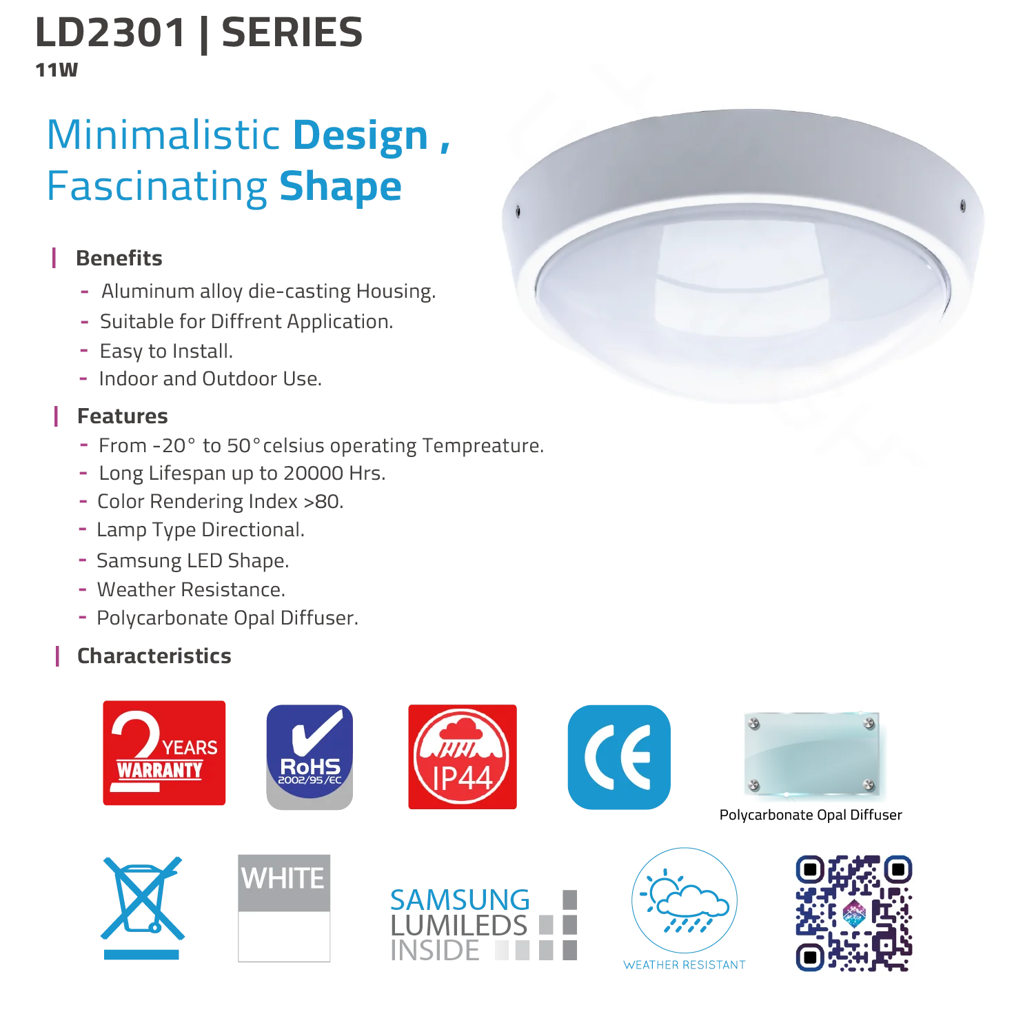 Ceiling light fixture with specifications and features on a white background