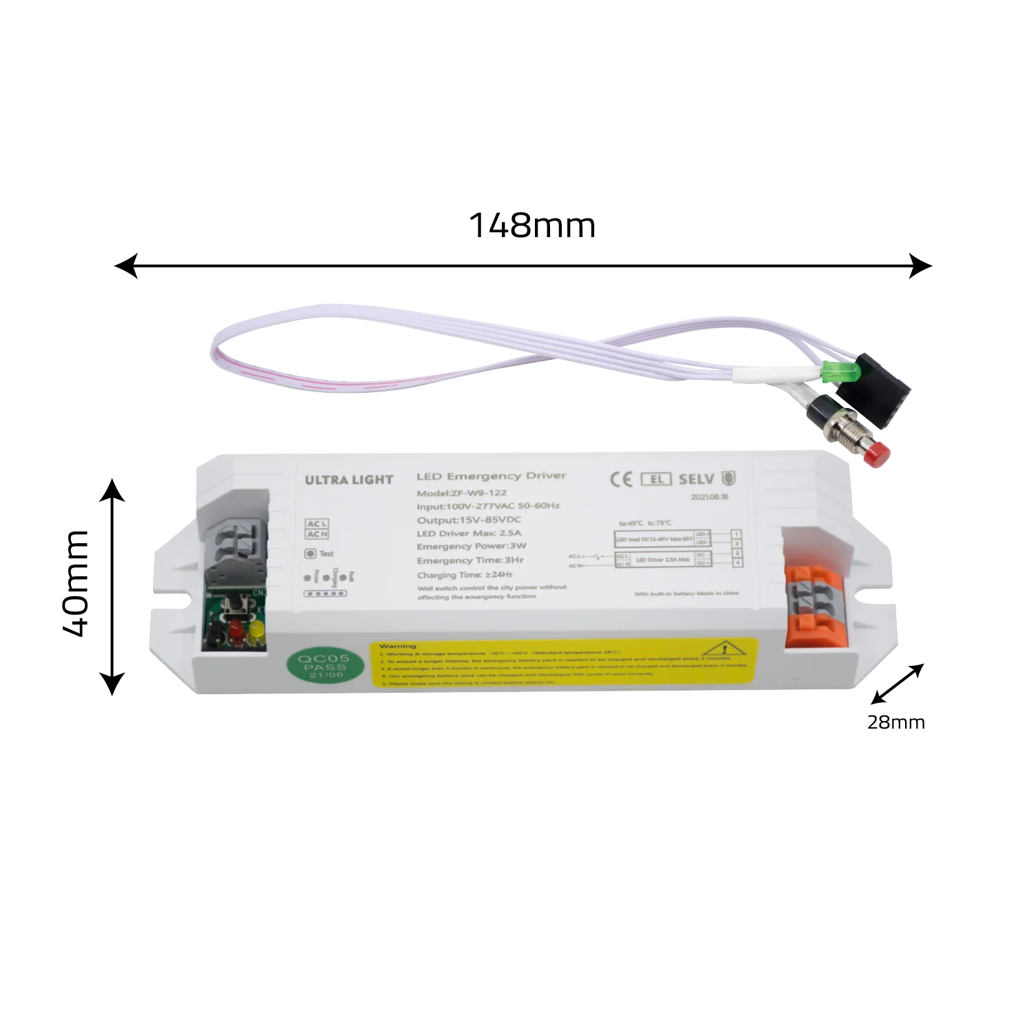 LED emergency driver with dimensions labeled on a white background