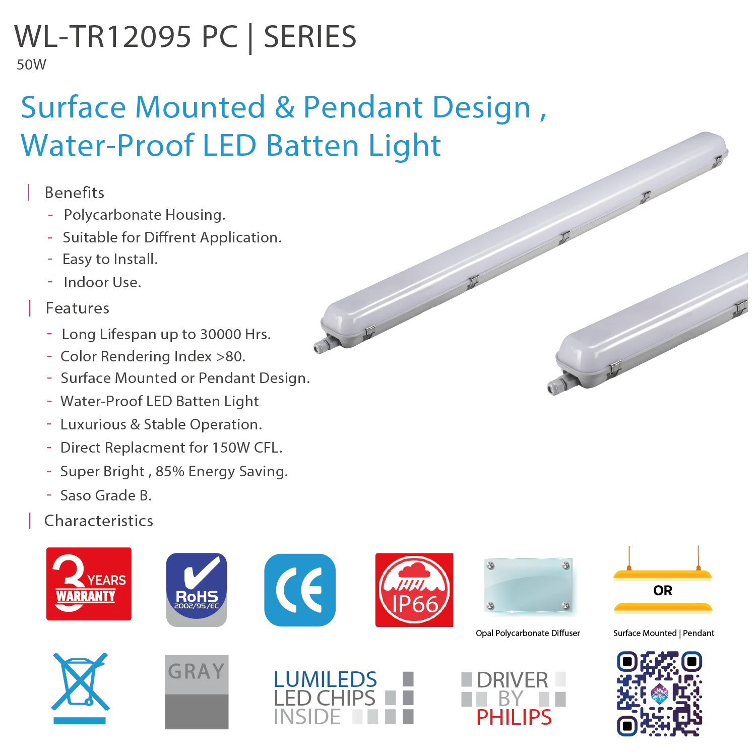 لمبة ليد نجف الترالايت مضاد للماء 50 واط IP66 (WL-TR12095 PC)